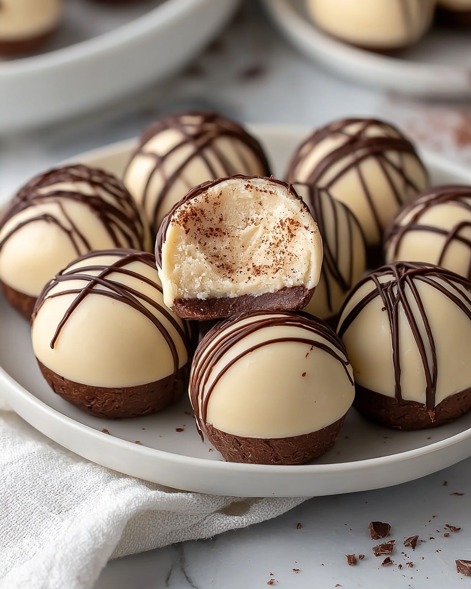 The image shows a white plate holding nine smooth, round truffles that have three visible layers. The bottom layer is a dark brown, slightly textured chocolate base. The middle layer is a creamy, off-white filling that looks soft and dense, shown clearly in the truffle with a bite taken out of it, revealing some brown cocoa powder dust on top. The top layer is a smooth, ivory-colored shell encasing the filling, topped with thin dark chocolate drizzle creating crisscross patterns. The plate sits on a white marbled surface with a white cloth nearby, and the background is softly blurred. Photo taken with an iphone --ar 4:5 --v 7