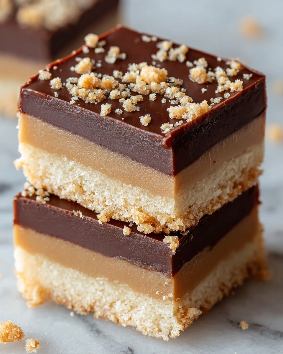 The image shows two square pieces of layered dessert stacked on a white marbled surface. Each piece has three layers: the bottom layer is a crumbly, light tan cookie crust with a rough texture; the middle layer is a smooth, caramel-colored filling that looks soft and chewy; the top layer is a glossy milk chocolate with small biscuit crumbs sprinkled on it, giving a slight crunch look. The edges are clean and straight, showing a firm yet soft dessert. Photo taken with an iphone --ar 4:5 --v 7
