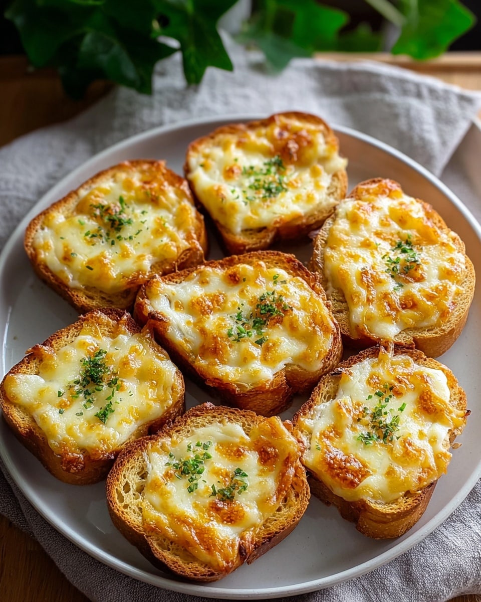 Seven pieces of toasted bread slices are arranged closely on a white round plate, each topped with a thick layer of melted golden-brown cheese. The cheese layer is bubbly and slightly crispy on top, with some areas showing light browning. Small green herb pieces are sprinkled evenly over the cheese on each slice. The plate sits on a wooden surface partially covered by a light gray cloth, and the background is softly blurred with green plant leaves. photo taken with an iphone --ar 4:5 --v 7