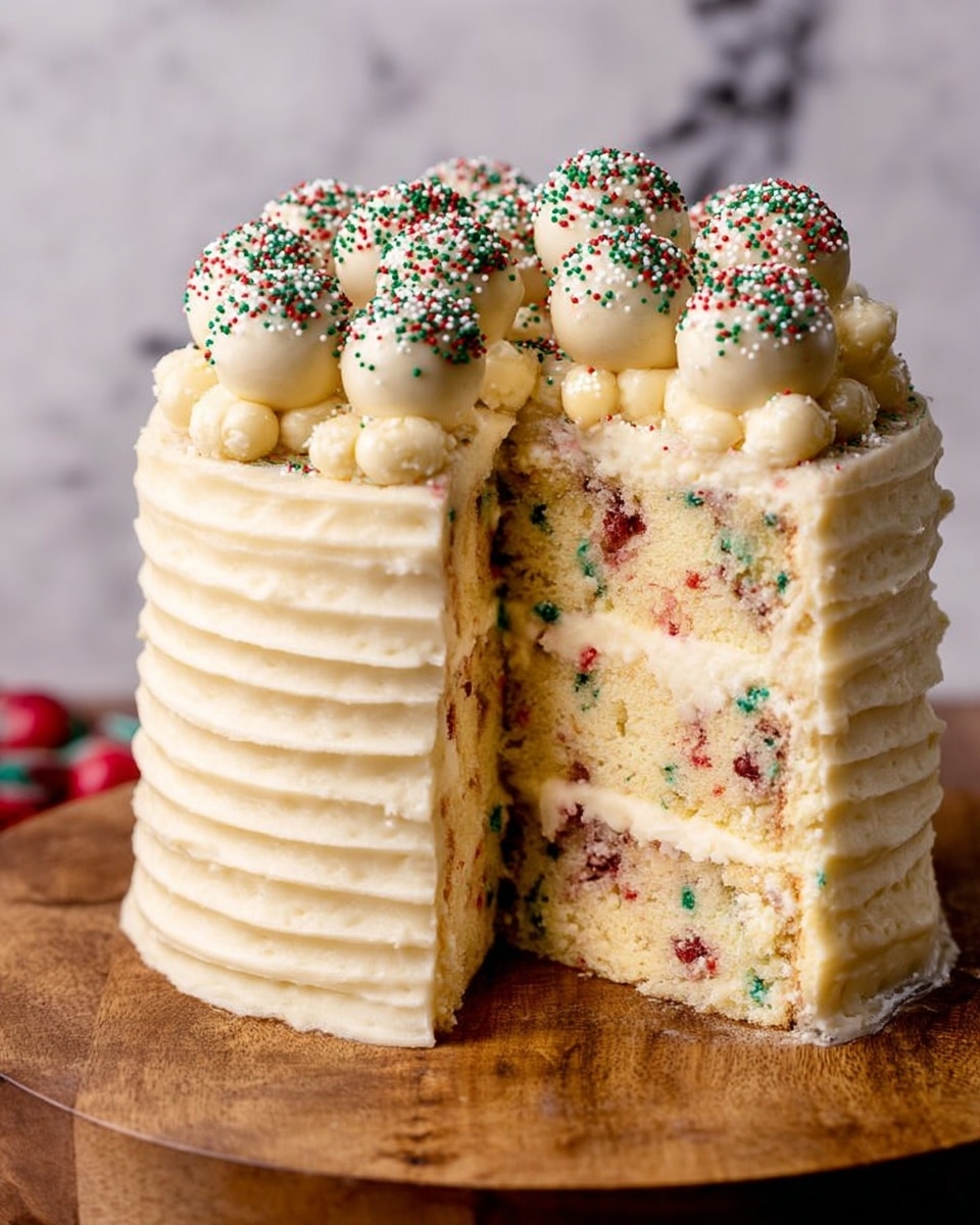 The image shows a tall, two-layer yellow cake with white cream frosting inside and outside. Each layer of the cake has spots of red and green sprinkles mixed into the cream, adding colorful texture. The outside frosting is smooth with small ridges running vertically around the cake. On top, there are many small white balls decorated with red and green sprinkles, placed all over the surface. The cake is set on a wooden board with a white marbled background behind it. photo taken with an iphone --ar 4:5 --v 7