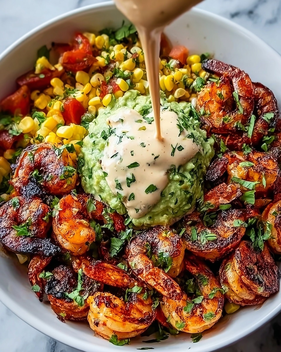 The image shows a bowl of grilled shrimp arranged around a scoop of green guacamole topped with a creamy beige sauce being poured from above, with fresh chopped herbs sprinkled on the sauce. To the left side of the bowl, there is a colorful mix of yellow corn, red diced tomatoes, and green herbs. The shrimp have a charred, crispy texture with a mix of orange and dark brown colors. The bowl is white, and the background is a white marbled surface. photo taken with an iphone --ar 4:5 --v 7