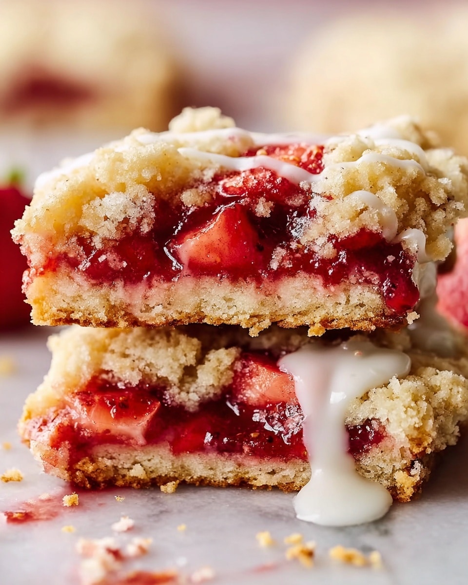 A close-up image of a crumbly pastry broken in half, showing a thick, glossy red strawberry filling with chunks of fresh strawberry pieces inside. The pastry has a golden crumb coating on top, with a rough texture, and a soft, slightly crumbly base layer of light golden brown color. A white glaze is dripping down the middle from the top piece to the bottom, adding a smooth contrast to the crumbly textures. The dessert is set against a white marbled surface with some crumbs scattered around. photo taken with an iphone --ar 4:5 --v 7