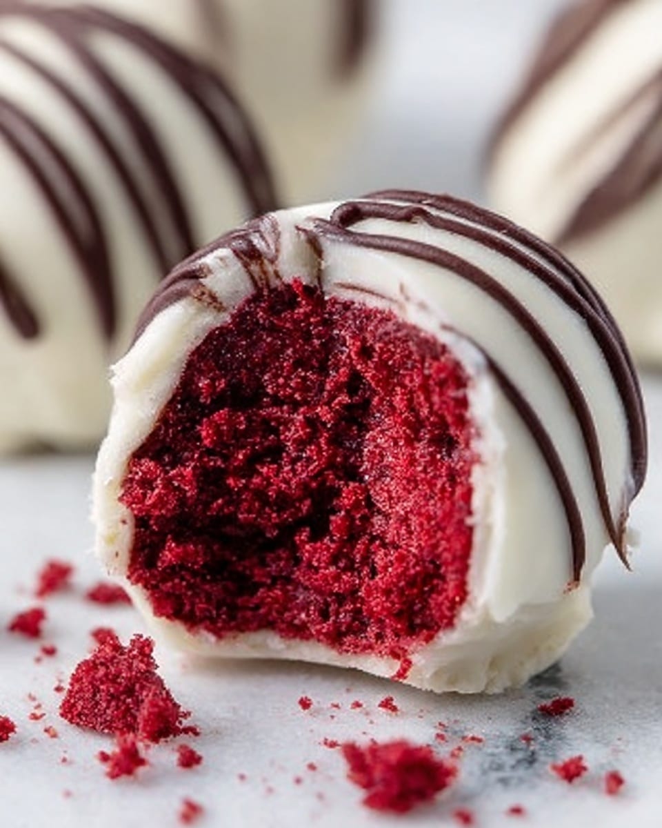 The image shows a close-up of a red velvet cake ball covered in smooth white frosting with a few dark chocolate drizzles on top. The ball is bitten into, revealing a moist, deep red inside with a soft, crumbly texture. Some crumbs are scattered around the ball on a white marbled surface, adding a natural touch to the scene. photo taken with an iphone --ar 4:5 --v 7