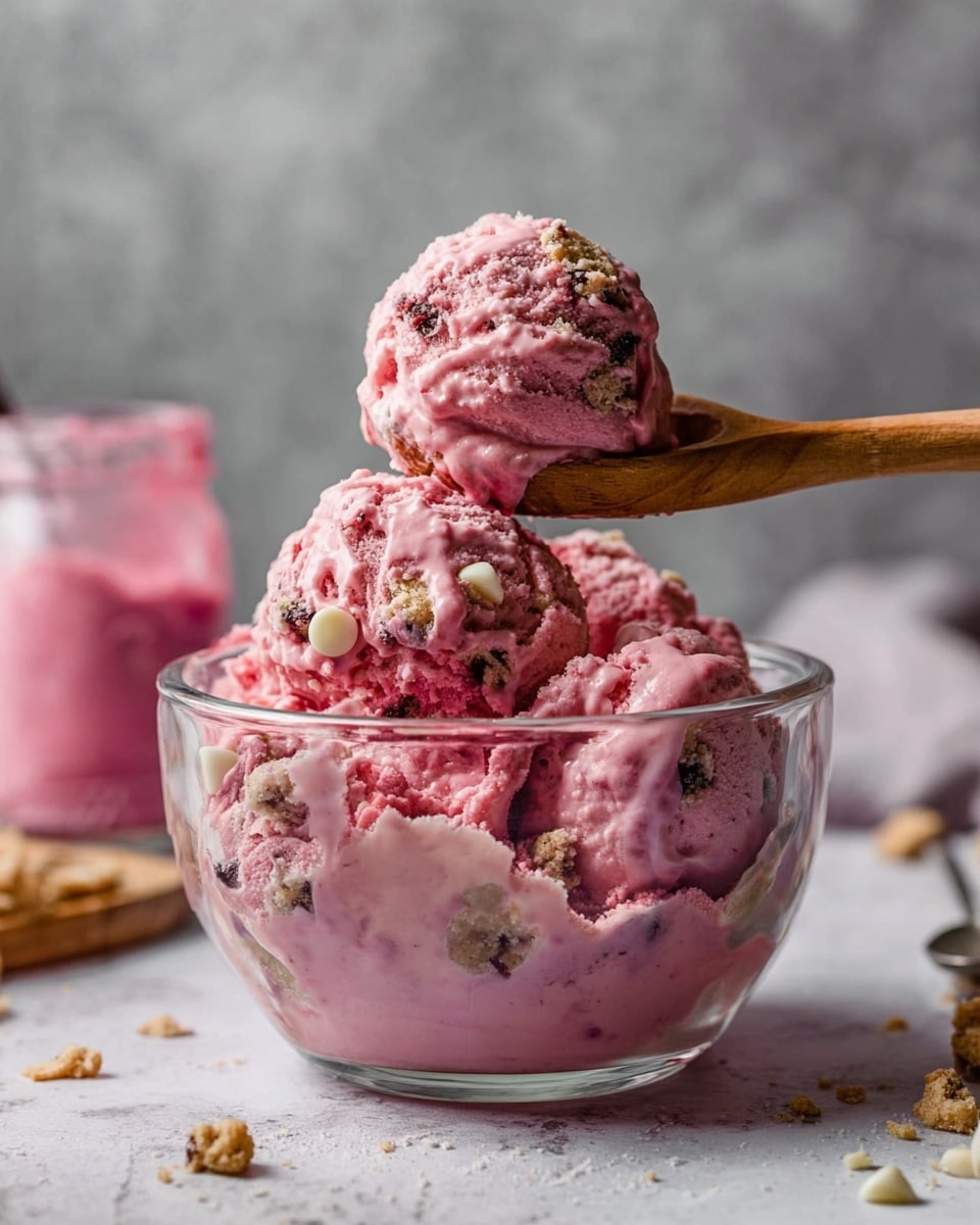 A clear glass bowl filled with multiple large scoops of pink ice cream mixed with chunks of cookie dough and white chocolate chips, showing a thick creamy pink texture interwoven with brown cookie pieces; a wooden spoon lifts one scoop above the bowl, highlighting the uneven surface and mix of colors; the bowl sits on a white marbled texture with scattered crumbs around, and a jar of pink sauce with a spoon in the blurred background creates a soft, inviting scene. photo taken with an iphone --ar 4:5 --v 7