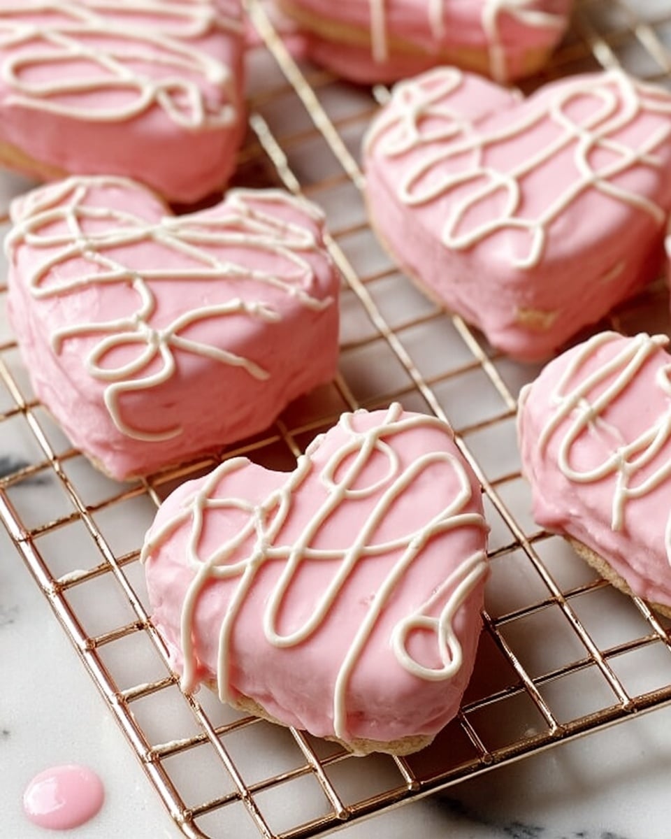 The image shows several small square treats placed on a rose gold wire cooling rack. Each treat has two layers of light pink cake or biscuit with a creamy filling in the middle. The outside is covered with a smooth, shiny pink icing. On top, there are thin, random white icing lines forming a loose, swirly pattern. The background is a white marbled texture. photo taken with an iphone --ar 4:5 --v 7