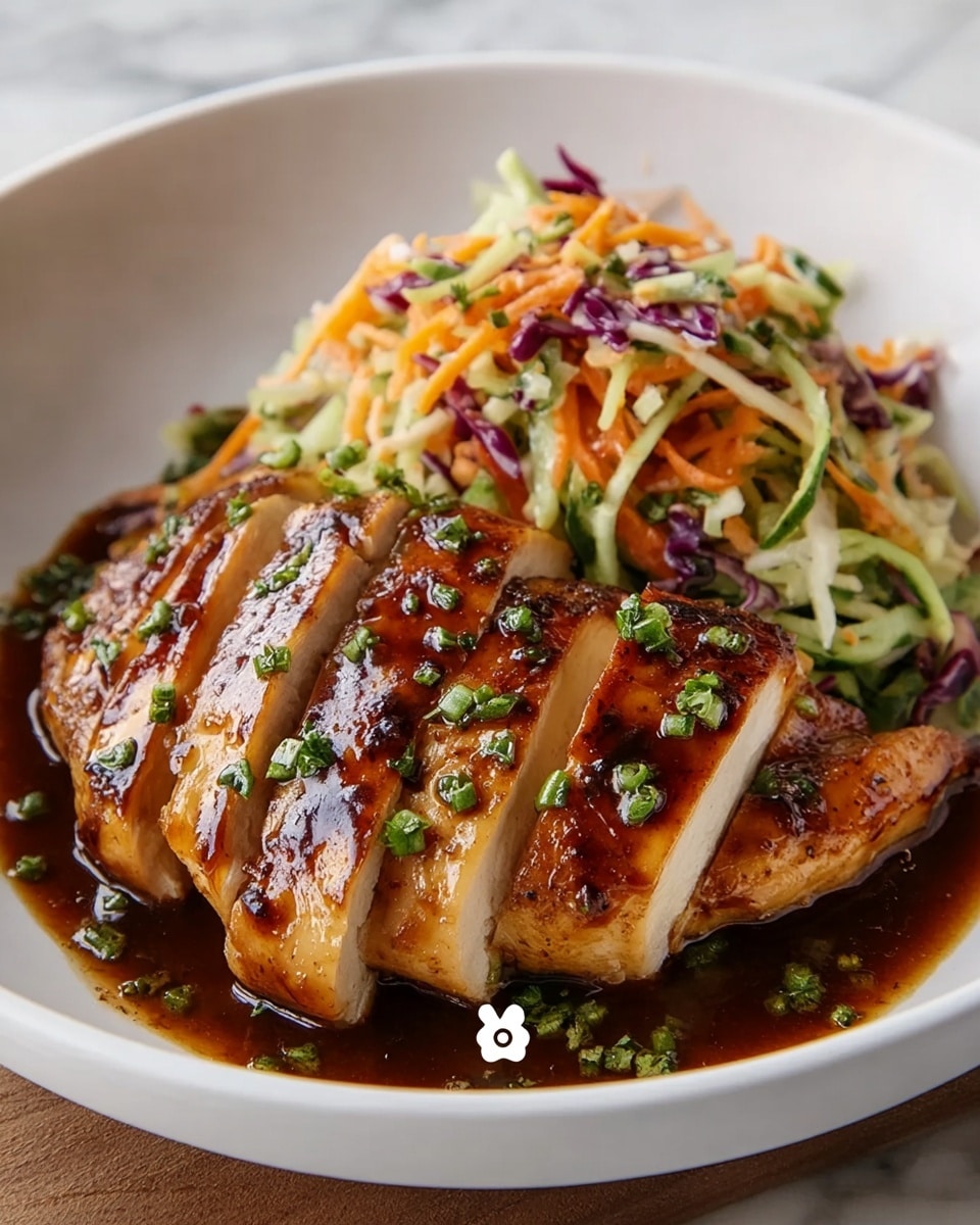 The dish shows five thick slices of grilled chicken breast arranged in a row on the left side of a white bowl, each slice covered with a shiny brown sauce and sprinkled with small green herb pieces. On the right side of the bowl, there is a colorful salad made of shredded vegetables including orange carrots, purple cabbage, green cucumber pieces, and light-colored shredded cabbage, all mixed together. The bowl is placed on a white marbled surface, and the overall look is warm and fresh with a good contrast between the dark sauce and bright salad. photo taken with an iphone --ar 4:5 --v 7