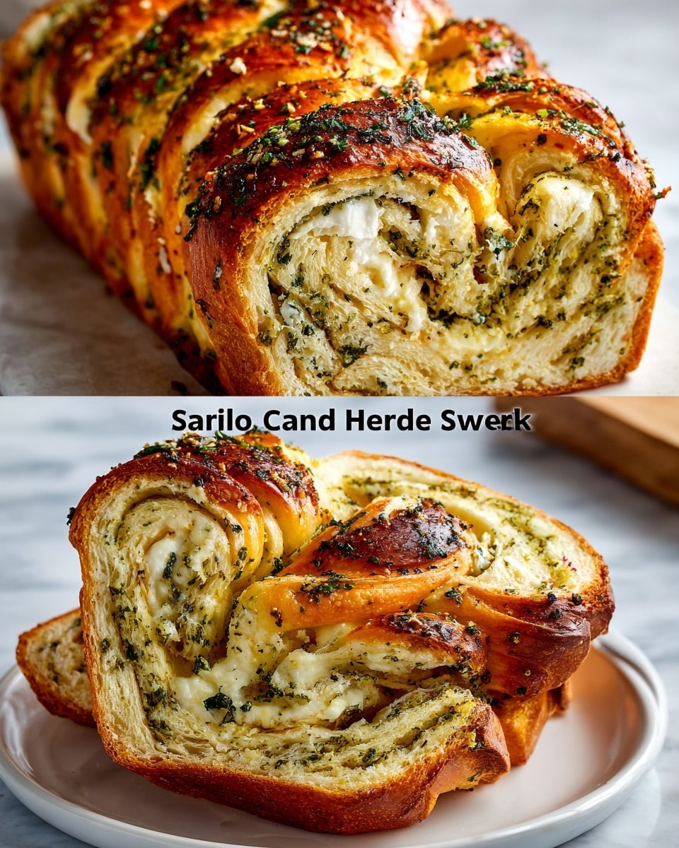 The image shows a close-up of swirled garlic herb and cheese bread placed on a white plate with a white marbled texture underneath. The loaf features multiple layers of soft, creamy white cheese swirled inside light golden bread dough, visible in each slice. The top crust is shiny and golden-brown, sprinkled with finely chopped green herbs and small bits of garlic, creating a textured and appetizing surface. The bread is thick with well-defined, fluffy layers that highlight the melted cheese and herb filling intertwined throughout the loaf. Photo taken with an iphone --ar 4:5 --v 7