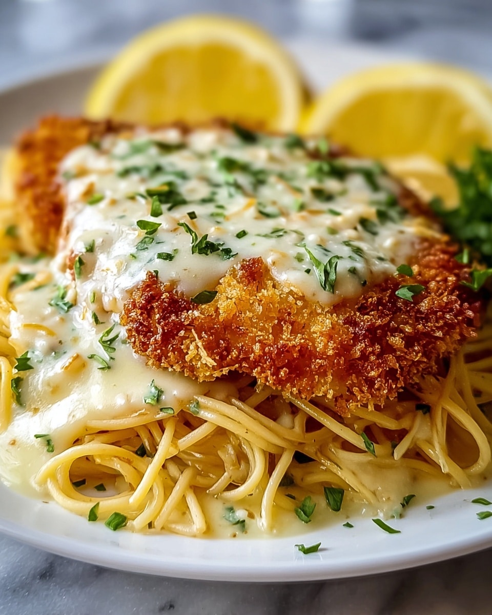 A close-up view of a white plate with a breaded and fried golden brown chicken cutlet on top of light yellow cooked spaghetti noodles, covered by a creamy white sauce with bits of green herbs sprinkled all over and on the sauce. Two lemon halves with visible pulp are placed at the back right corner of the plate. The plate is set on a white marbled surface. photo taken with an iphone --ar 4:5 --v 7