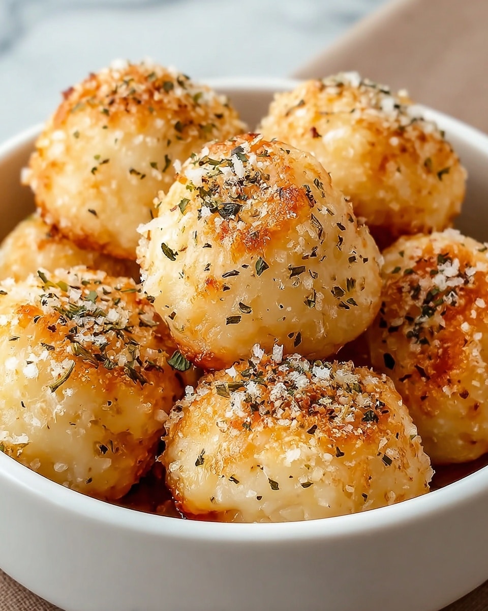 A close-up view of several round, golden-brown baked garlic cheese balls inside a white bowl, each ball is topped with a light sprinkling of grated cheese and small bits of dried herbs, creating a textured and slightly crispy surface. The balls are clustered closely, showing uneven browning on some sides, with a soft and fluffy look underneath the crisp topping. The bowl rests on a white marbled surface. photo taken with an iphone --ar 4:5 --v 7