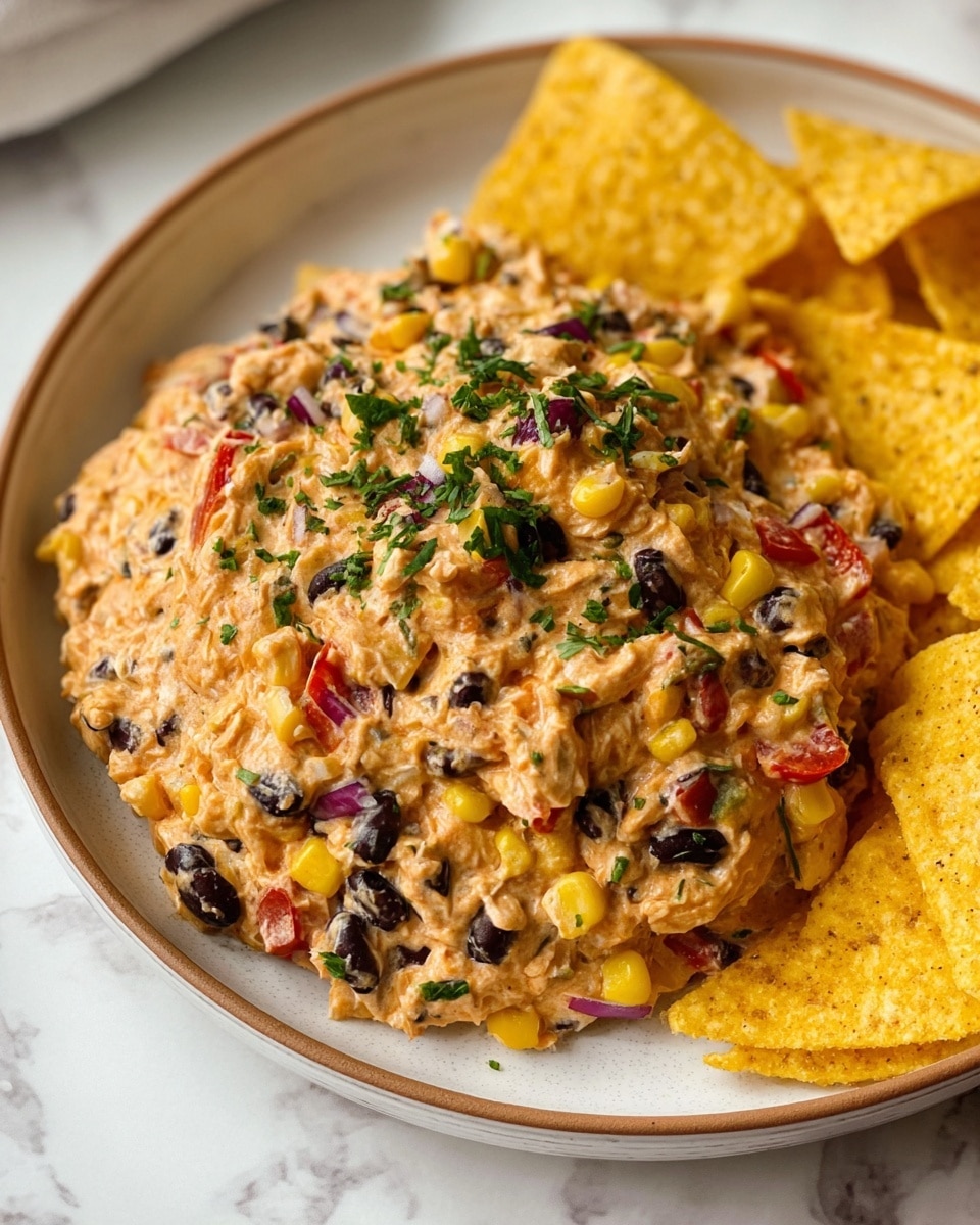 A close-up view of a creamy dip served on a white plate with a light brown rim, placed on a white marbled surface. The dip is thick and chunky, showing visible layers of black beans, yellow corn, diced red onions, and red bell peppers mixed with a creamy, orange-colored base. It is sprinkled with chopped green herbs on top, adding freshness and color contrast. On one side of the plate, several yellow corn tortilla chips are slightly placed under the dip, showing texture with some darker spots and edges. The light softly highlights the natural textures and colors. Photo taken with an iphone --ar 4:5 --v 7