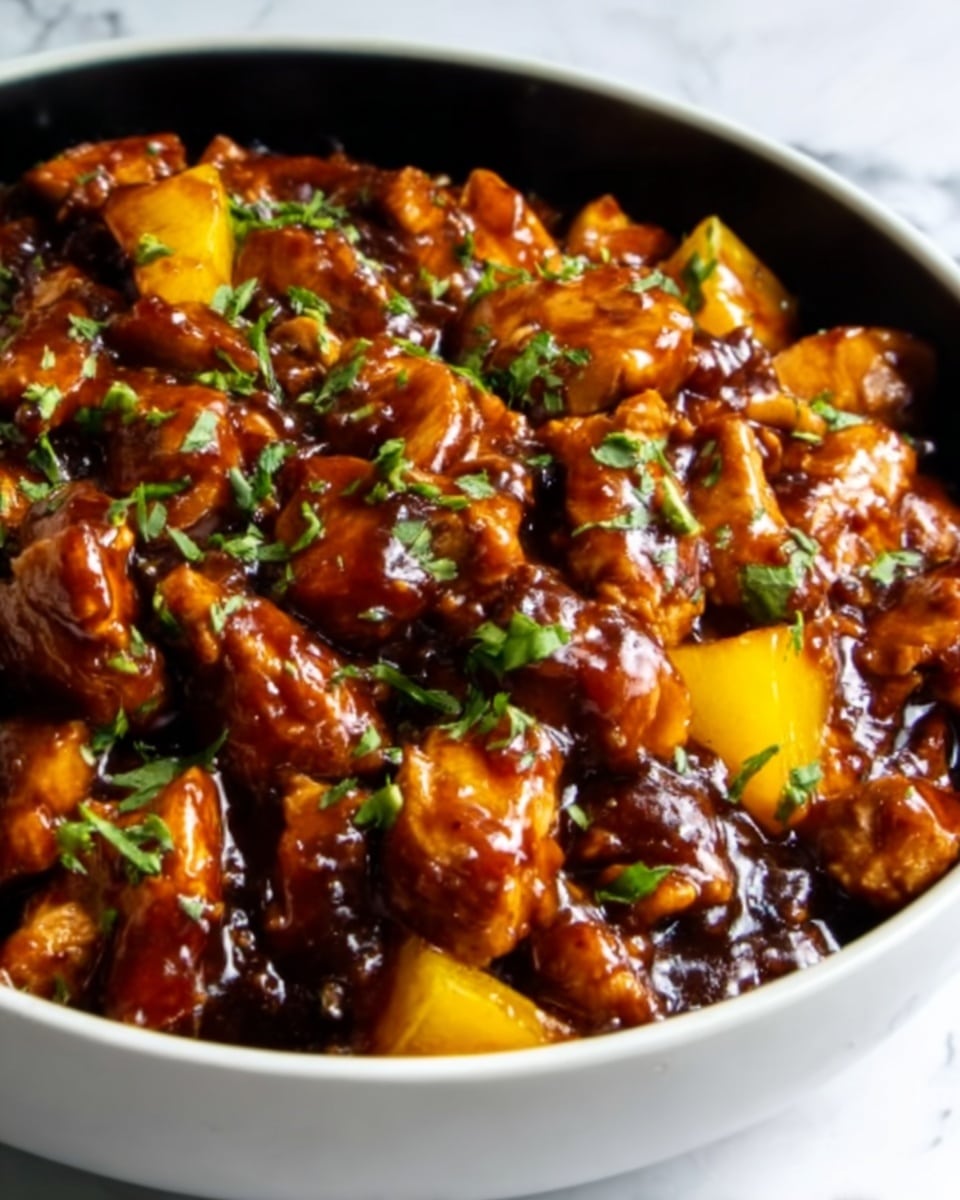 The image shows a white bowl filled with a richly sauced stir-fry dish. The bottom layer consists of glossy chunks of tender chicken and soft pieces of yellow bell pepper, all coated in a thick, shiny, dark brown sauce that glistens under the light. Scattered fresh green herbs add a pop of color on top, giving a fresh contrast to the glossy sauce and warm ingredients. The bowl sits on a white marbled surface. Photo taken with an iphone --ar 4:5 --v 7