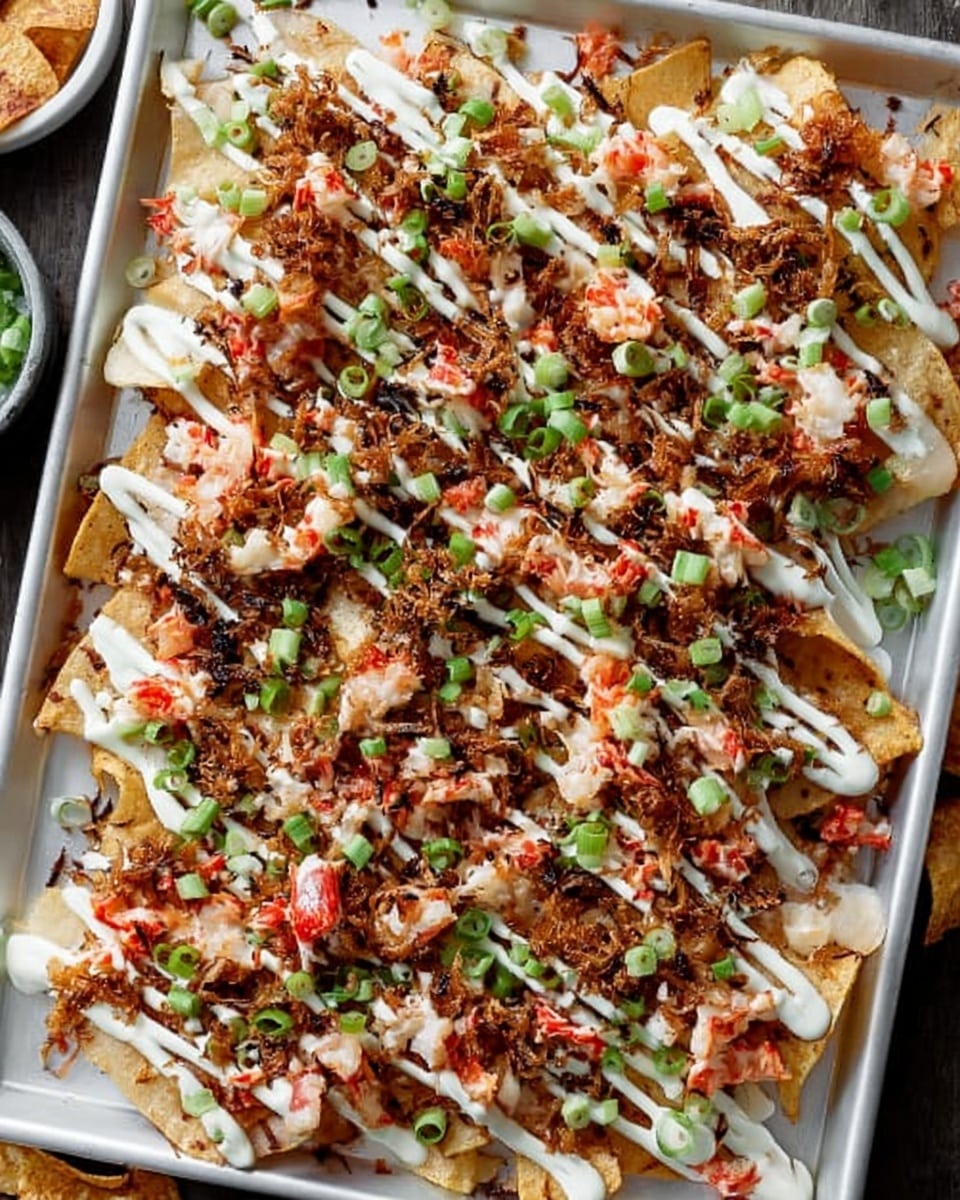 A metal tray filled with one large layer of golden-brown fries covered with a crisscross drizzle of white sauce on top. Scattered evenly over the fries are small pieces of pink and white crab meat, chopped green onions adding bright green pops, and crispy brown bits that look like fried onions or bacon. The tray is placed on a white marbled surface, with some crab meat pieces spilled around it. The textures show a mix of smooth sauce, soft crab meat, crunchy fries, and crispy toppings, creating a colorful and rich look. Photo taken with an iphone --ar 4:5 --v 7
