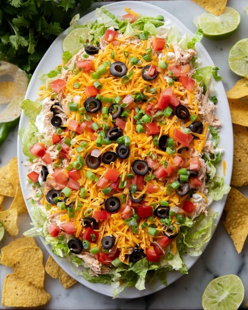 A white oval plate holds a colorful layered dish with a base of shredded chicken that is covered with chopped green lettuce. On top of the lettuce, there are black olive slices, diced red tomatoes, and chopped green onions scattered evenly. The entire dish is finished with a bright orange layer of shredded cheddar cheese spread across the top. The plate is placed on a white marbled surface with lime wedges and tortilla chips around it. Photo taken with an iphone --ar 4:5 --v 7