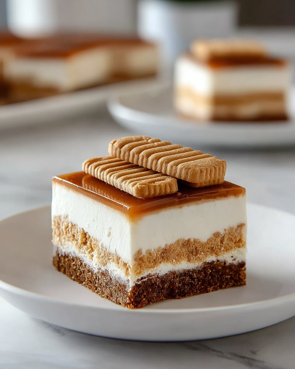 A square dessert with four visible layers sits on a white plate on a white marbled surface. The bottom layer is a thick, crumbly, light brown crust. Above it is a thick creamy white layer, then a thin caramel-brown layer mixed with cream, and another thick white creamy layer on top. The top is a smooth caramel glaze with two small rectangular brown cookies placed at an angle. In the background, a blurred second plate shows another piece of the same dessert. Photo taken with an iphone --ar 4:5 --v 7