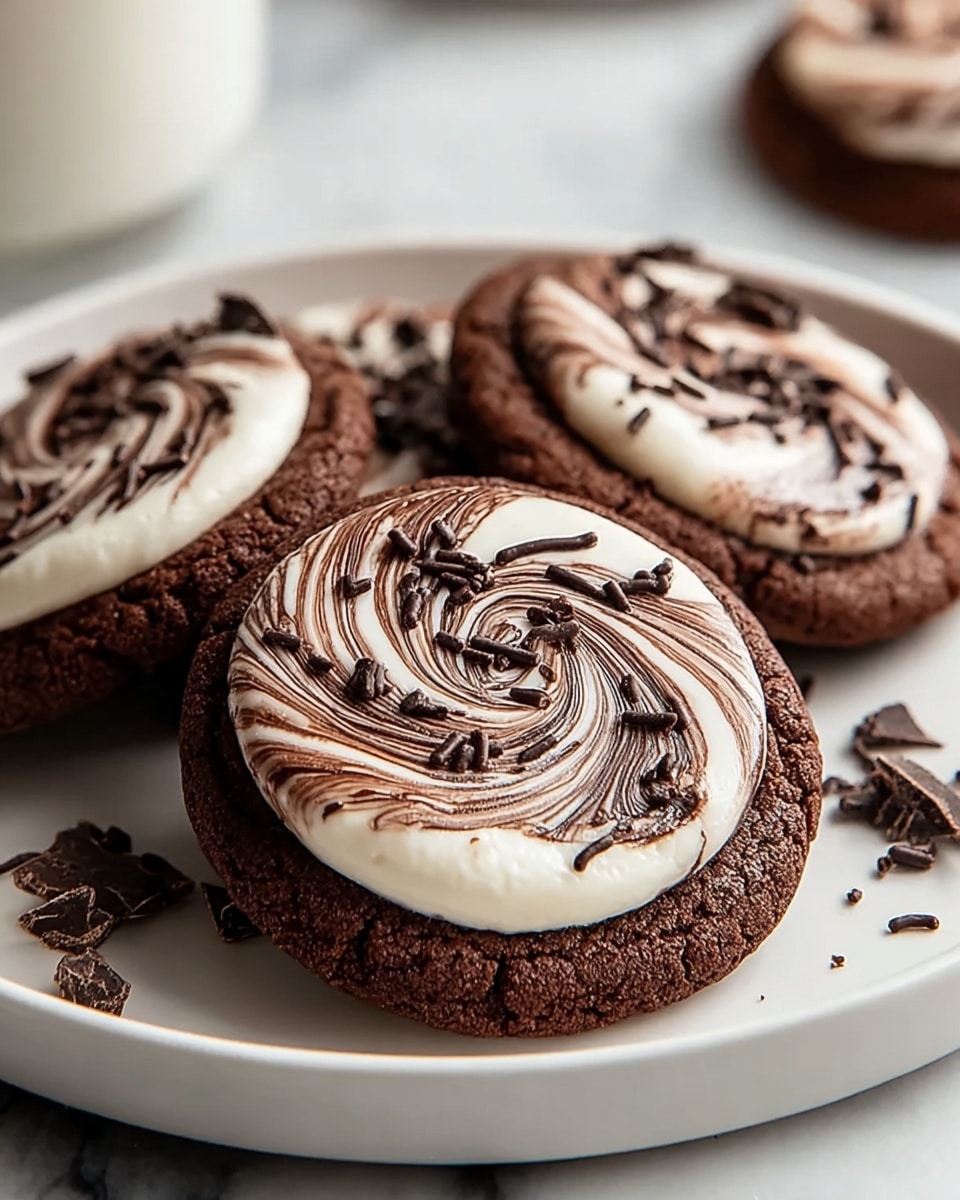 Three chocolate cookies lie on a white plate with a slightly raised edge, set on a white marbled texture. Each cookie has a thick dark brown base that looks soft and slightly cracked at the edges. On top of the base is a smooth layer of white cream thickly spread in a swirl shape, mixed with glossy dark brown chocolate swirls that create a marbled effect. Small pieces of chocolate bits are scattered around the cookies on the plate, adding texture and contrast to the scene. Photo taken with an iphone --ar 4:5 --v 7