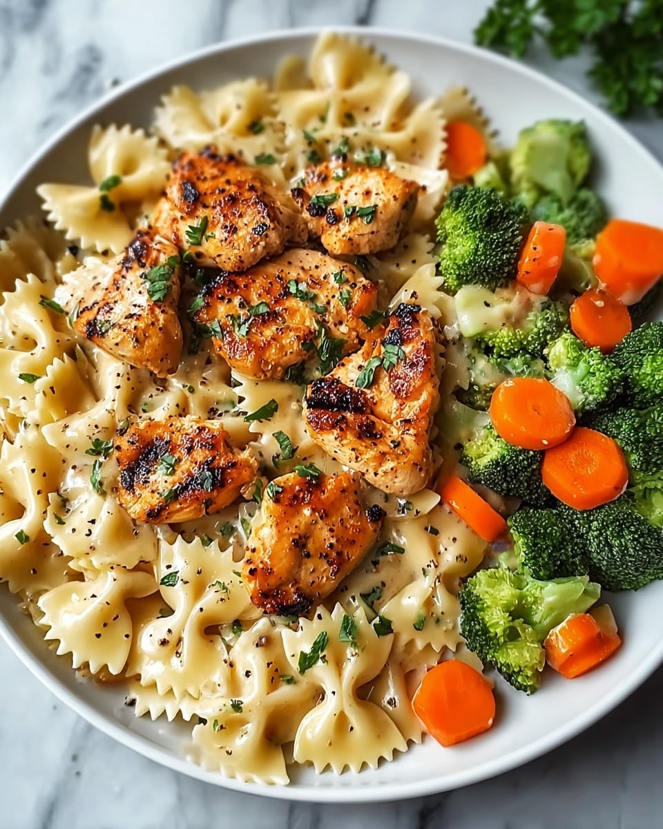 A white plate holds a dish with three main layers: the bottom layer is a bed of bowtie pasta, light yellow with a creamy sauce coating each piece; the middle layer has bright green broccoli florets and small, round orange carrot slices scattered evenly; the top layer features golden-brown grilled chicken pieces with char marks, sprinkled with small green parsley leaves and black pepper specks. The plate is set on a white marbled surface. photo taken with an iphone --ar 4:5 --v 7
