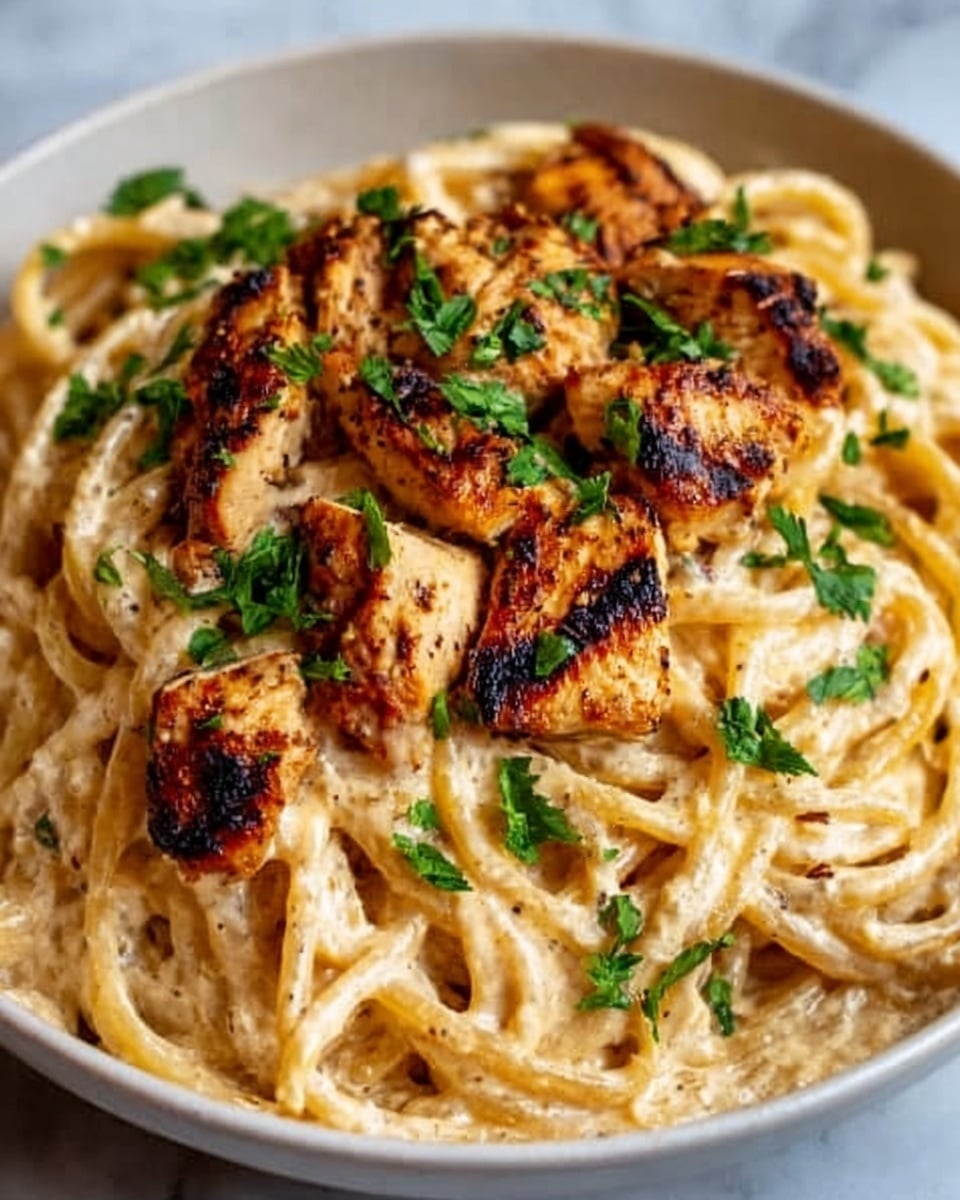 A close-up of a white bowl filled with creamy pasta topped with grilled chicken pieces. The pasta is coated in a smooth, light beige sauce with a slightly glossy texture, and the grilled chicken on top has golden brown char marks and a juicy look. Fresh green parsley leaves are scattered on the chicken, adding color contrast. The bowl sits on a white marbled surface, and a woman's hand is holding the bowl from the edge. The image is brightly lit, emphasizing the creamy texture and the grilled details of the dish. photo taken with an iphone --ar 4:5 --v 7