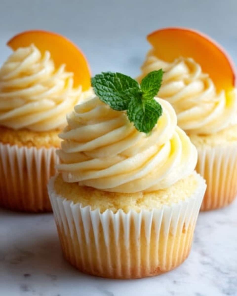 Three yellow cupcakes with white paper liners are shown on a white marbled surface. Each cupcake has one thick swirl of smooth, creamy, pale yellow frosting on top. The cupcake in front is slightly larger and has a small green mint leaf placed at its peak. Behind, two cupcakes each have a thin slice of orange peach anchored on the side of the frosting swirl, adding a bright color contrast. The texture of the cupcakes looks soft and fluffy. Photo taken with an iphone --ar 4:5 --v 7