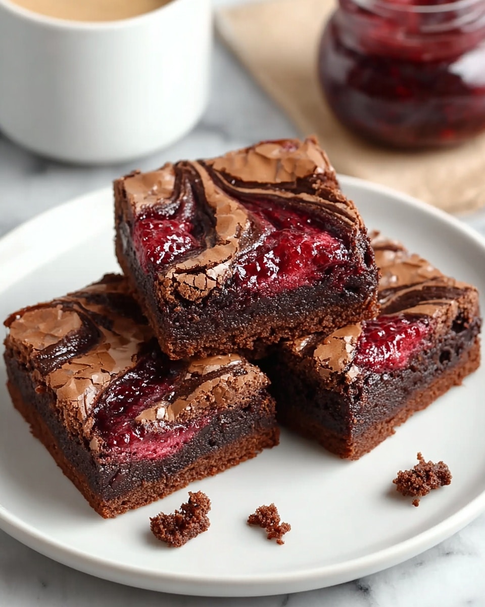 Three square brownies with a cracked, shiny chocolate top layer are placed on a white plate in a close group. Each brownie features a visible swirl of dark chocolate and bright red raspberry jam, creating a marbled effect that stands out against the rich brown base. The texture looks dense and fudgy, with a slightly crumbly edge, and a few small crumbs are scattered around on the plate. The scene is set on a white marbled surface with a blurred white cup and a jar of raspberry jam in the background. photo taken with an iphone --ar 4:5 --v 7