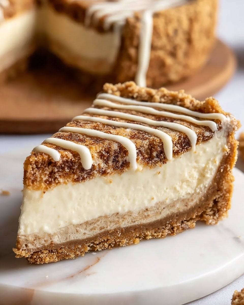 A slice of pie with three clear layers on a white marbled surface: the bottom layer is a dense, crumbly light brown crust; the middle layer is thick, smooth, and creamy off-white filling; the top layer is a crumbly cinnamon brown mix with white icing drizzled in diagonal lines across it. The pie in the background shows a thick, crumbly crust with some white icing drips. Photo taken with an iphone --ar 4:5 --v 7