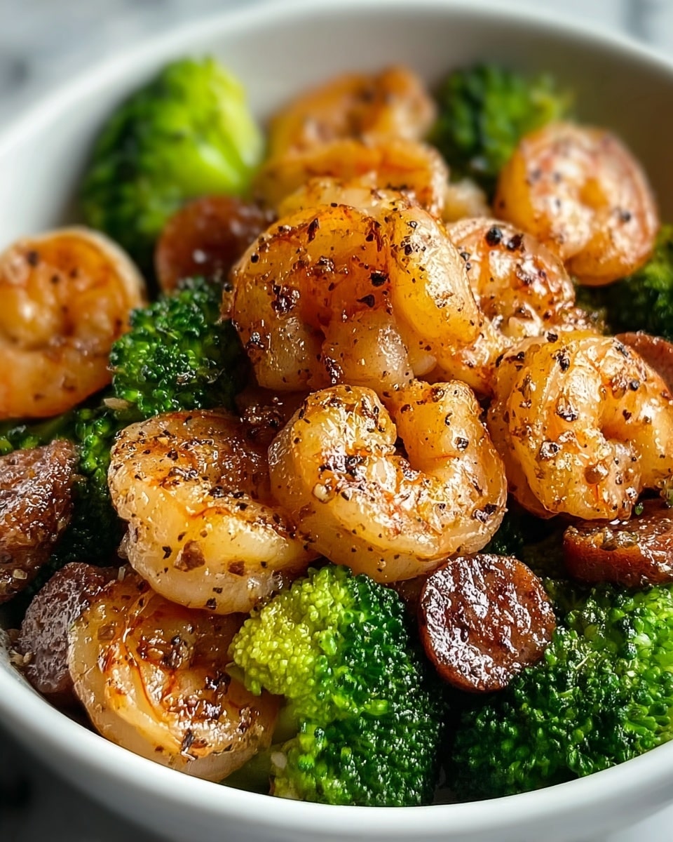 A close-up view of a white bowl filled with a shrimp stir-fry dish, showing three layers: the top layer has golden-brown, grilled shrimp with a slightly shiny and textured surface, the middle layer is bright green broccoli florets with a fresh, slightly rough texture, and scattered throughout are small, round, dark brown sausage pieces with a glossy finish. The shrimp and sausage pieces have small black pepper specks on them, adding texture and a seasoned look. The bowl is set against a white marbled texture background. photo taken with an iphone --ar 4:5 --v 7