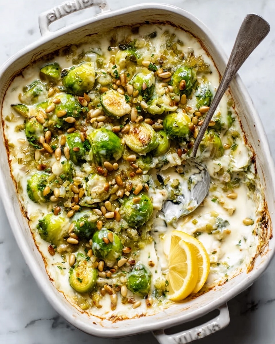 The image shows a white baking dish filled with a creamy casserole. The bottom layer is smooth and white creamy sauce with a soft texture. On top of this, there is a thick layer of green Brussels sprouts, cooked and slightly browned on the edges. Scattered around the sprouts are small, toasted brown bits, which look like seeds or nuts. There is a lemon wedge placed on the right side of the dish. A silver spoon with a long handle is resting inside the dish with some of the creamy sauce and sprouts on it. The dish is placed on a white marbled surface. photo taken with an iphone --ar 4:5 --v 7