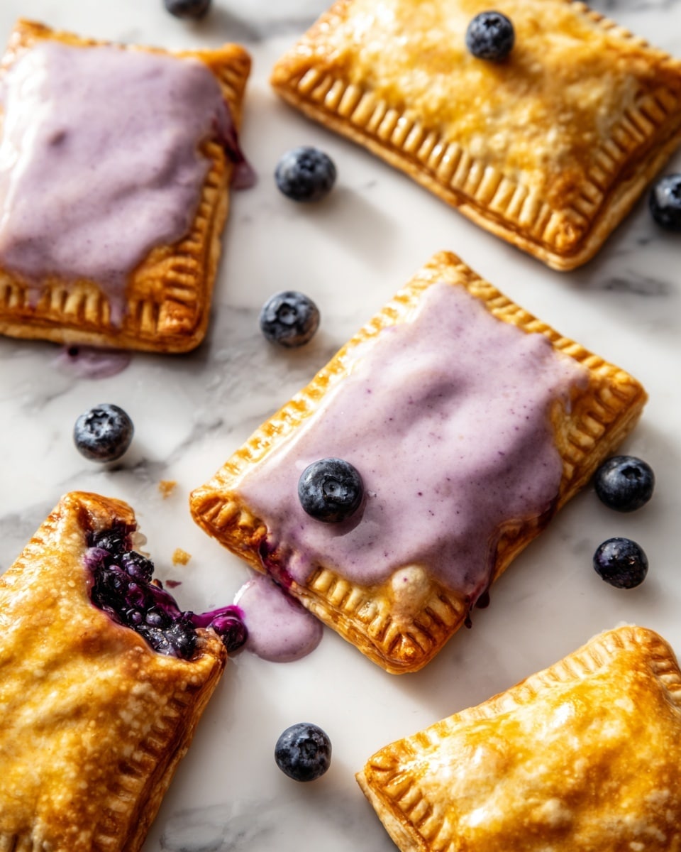 The image shows four rectangular pastries on a white marbled surface, each with golden-brown edges that are crimped in a uniform pattern. The top layer of each pastry has a smooth, light purple glaze with a glossy texture, some spilling slightly onto the surface, and small dark blueberries scattered nearby. The pastries are arranged casually with natural lighting highlighting their flaky texture. One pastry is slightly broken with purple filling oozing out, adding a juicy, rich contrast to the crispy crust. Photo taken with an iphone --ar 4:5 --v 7