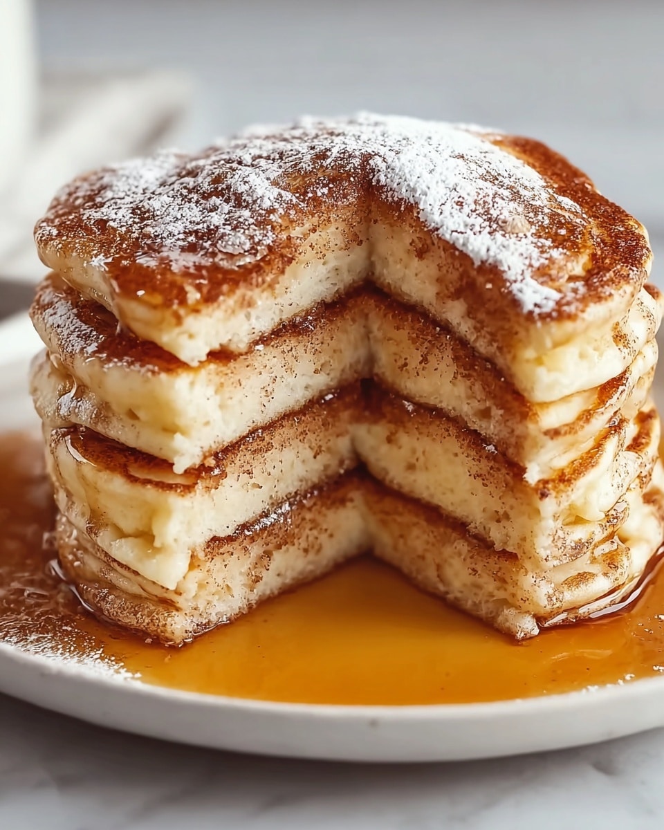 A stack of four thick, fluffy pancakes with a golden-brown crust sits on a white plate, placed on a white marbled texture. The pancakes have a soft, airy inside with a visible cut-out section showing the layers. Each pancake is separated by a thin layer of cinnamon powder, which is also lightly sprinkled on top along with powdered sugar. The syrup pools around the bottom, adding a shiny amber layer at the base. Photo taken with an iphone --ar 4:5 --v 7