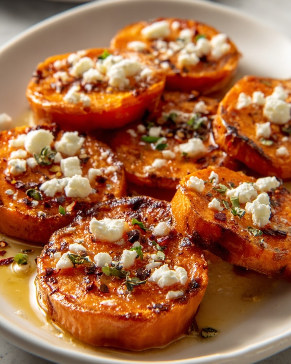 A white plate holds six round slices of roasted sweet potatoes with golden brown, slightly crispy edges. Each slice is topped with small white crumbles of cheese and garnished with tiny bits of green herbs and red spices. The sweet potatoes have a shiny, glazed look with some oil pooling around them. The white marbled background contrasts softly with the warm orange tones of the sweet potatoes. photo taken with an iphone --ar 4:5 --v 7