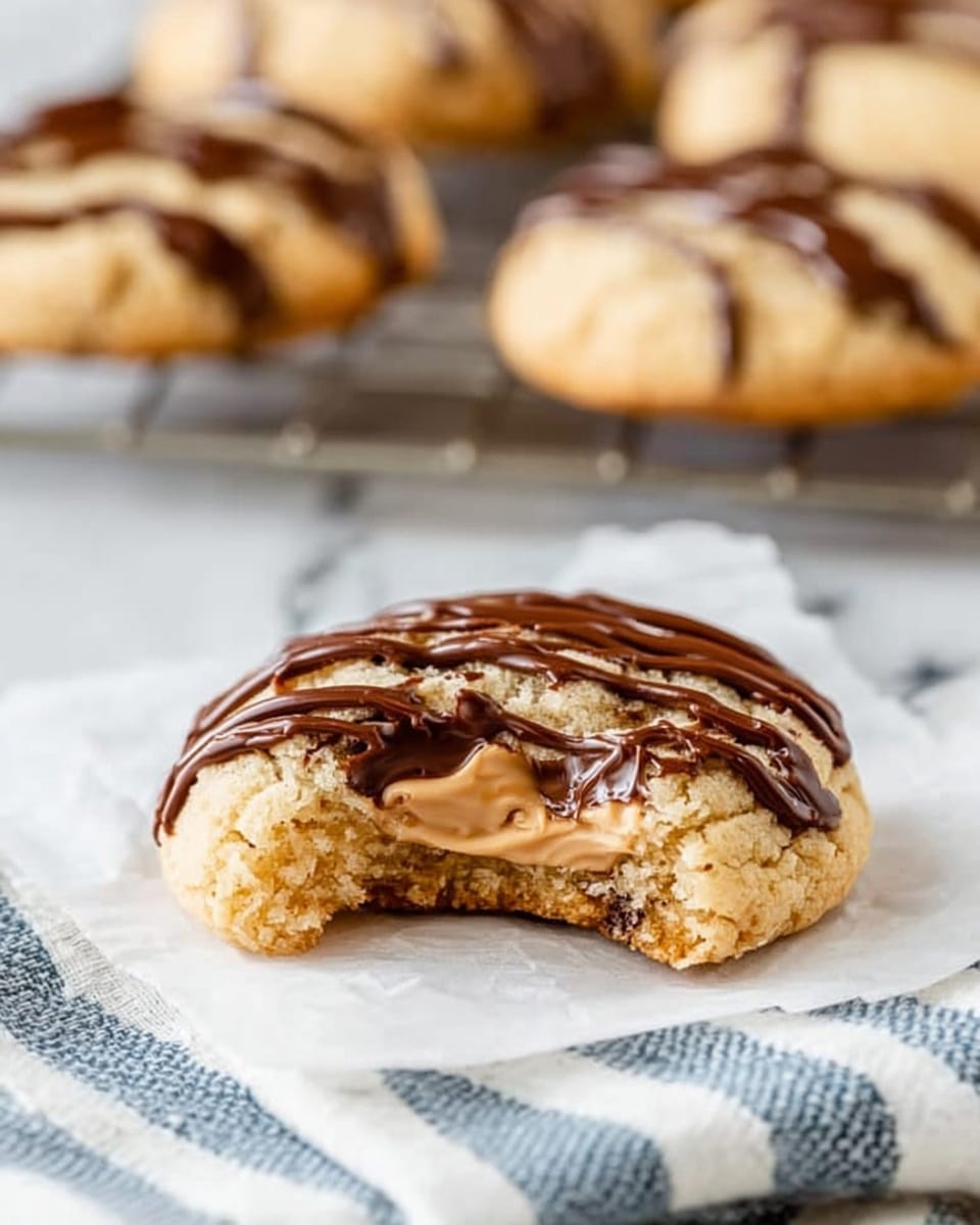 A single round cookie with a golden brown color and a soft crumbly texture is placed on a piece of white parchment paper on top of a white marbled surface with a striped blue and white cloth underneath. The cookie has chocolate drizzled in stripes across its top, and a visible bite taken from the side reveals a creamy light brown filling inside. In the background, there is a cooling rack with more similar cookies slightly blurred. The image is softly lit with natural light showing details of the cookie's texture and filling. photo taken with an iphone --ar 4:5 --v 7