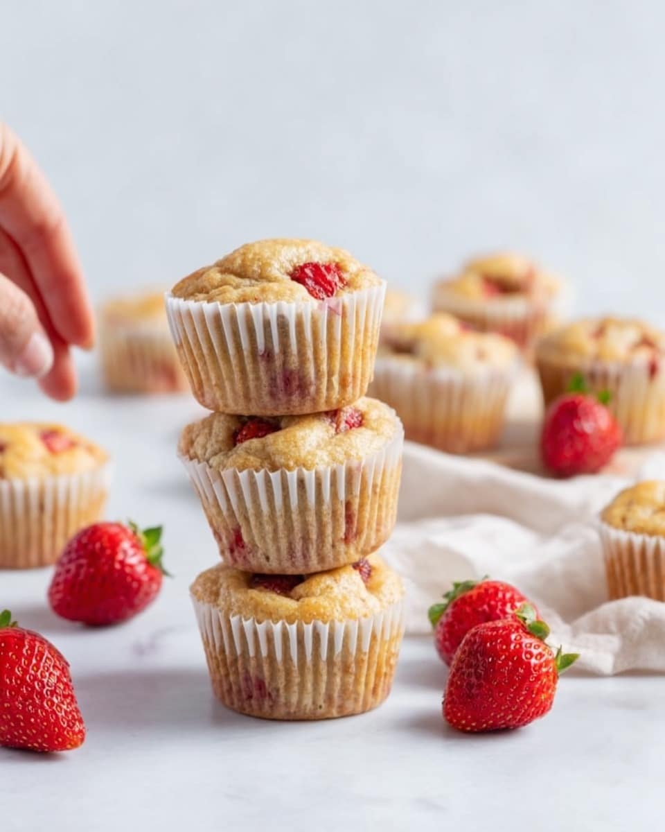The image shows a stack of four small muffins with a light golden brown top and visible pieces of strawberry inside, placed on a white marbled surface. Around the stack, there are several whole fresh strawberries and more muffins spread out casually. Each muffin has a ridged white paper liner. In the background, there is a soft focus with more muffins visible but blurred. A woman's hand is gently reaching toward the muffins on the left side of the image. The overall lighting is bright and natural, highlighting the soft texture of the muffins and the fresh red strawberries. Photo taken with an iphone --ar 4:5 --v 7