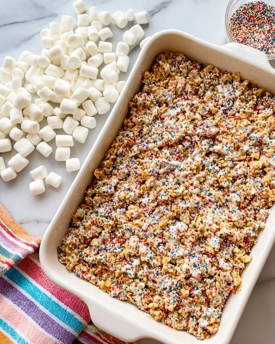 The image shows a white rectangular baking dish filled with a single thick layer of a crisp snack made of small broken pieces mixed with white drizzle and topped with tiny round colorful sprinkles. The texture appears crunchy with bits sticking together irregularly. The dish is placed on a white marbled surface, next to a pile of small white marshmallows and a multicolored striped cloth. Photo taken with an iphone --ar 4:5 --v 7