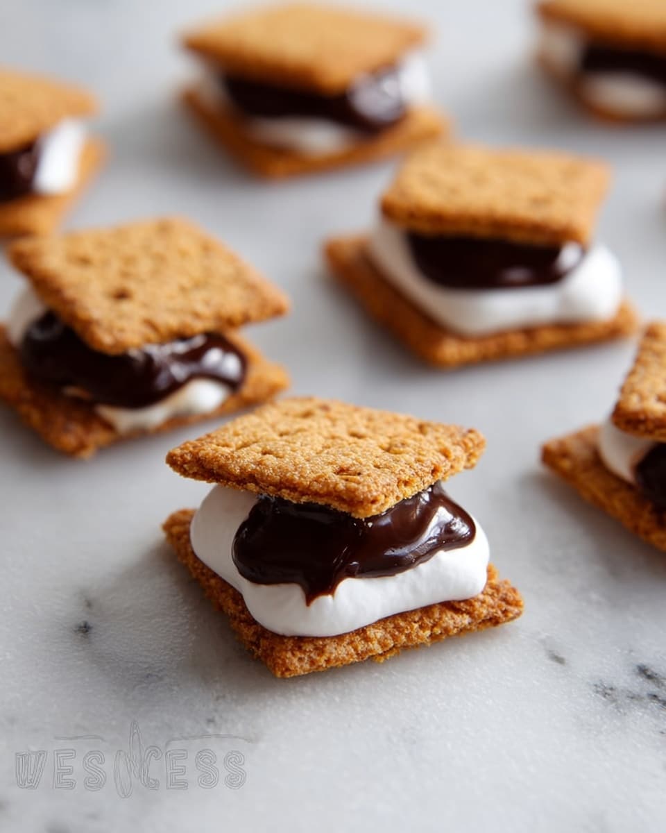 The image shows small snack bites made with two square golden brown graham cracker pieces as the top and bottom layers. In the middle, there is a thick layer of smooth white marshmallow cream and a glossy dark brown melted chocolate layer on top of the marshmallow. Some bites are fully assembled while others show only one cracker base with marshmallow cream and a single chocolate piece placed vertically on top. The snacks are set on a flat white marbled surface with soft focus in the background, making the front snack appear sharp and detailed. Photo taken with an iphone --ar 4:5 --v 7