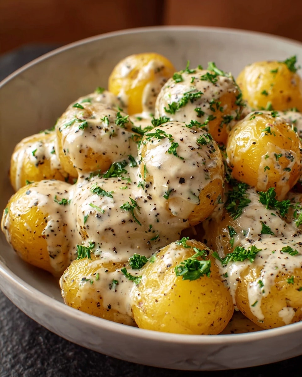 A bowl filled with many small round yellow potatoes, each covered with a creamy white sauce speckled with black pepper and herbs, topped with finely chopped green parsley leaves. The potatoes look soft and slightly shiny under the sauce, which drips gently over their rounded surfaces. The bowl is white, sitting on a white marbled texture, with a soft focus background of warm brown tones. photo taken with an iphone --ar 4:5 --v 7