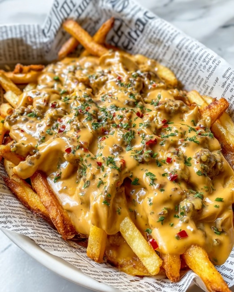 The image shows a white bowl lined with printed newspaper-style paper, filled with crispy golden French fries as the base layer. On top, there is a thick, creamy light brown cheese sauce that covers most of the fries, sprinkled evenly with finely chopped green herbs and small red chili flakes. The sauce looks smooth with some small chunks, blending nicely with the fries underneath. The background is a white marbled texture. photo taken with an iphone --ar 4:5 --v 7