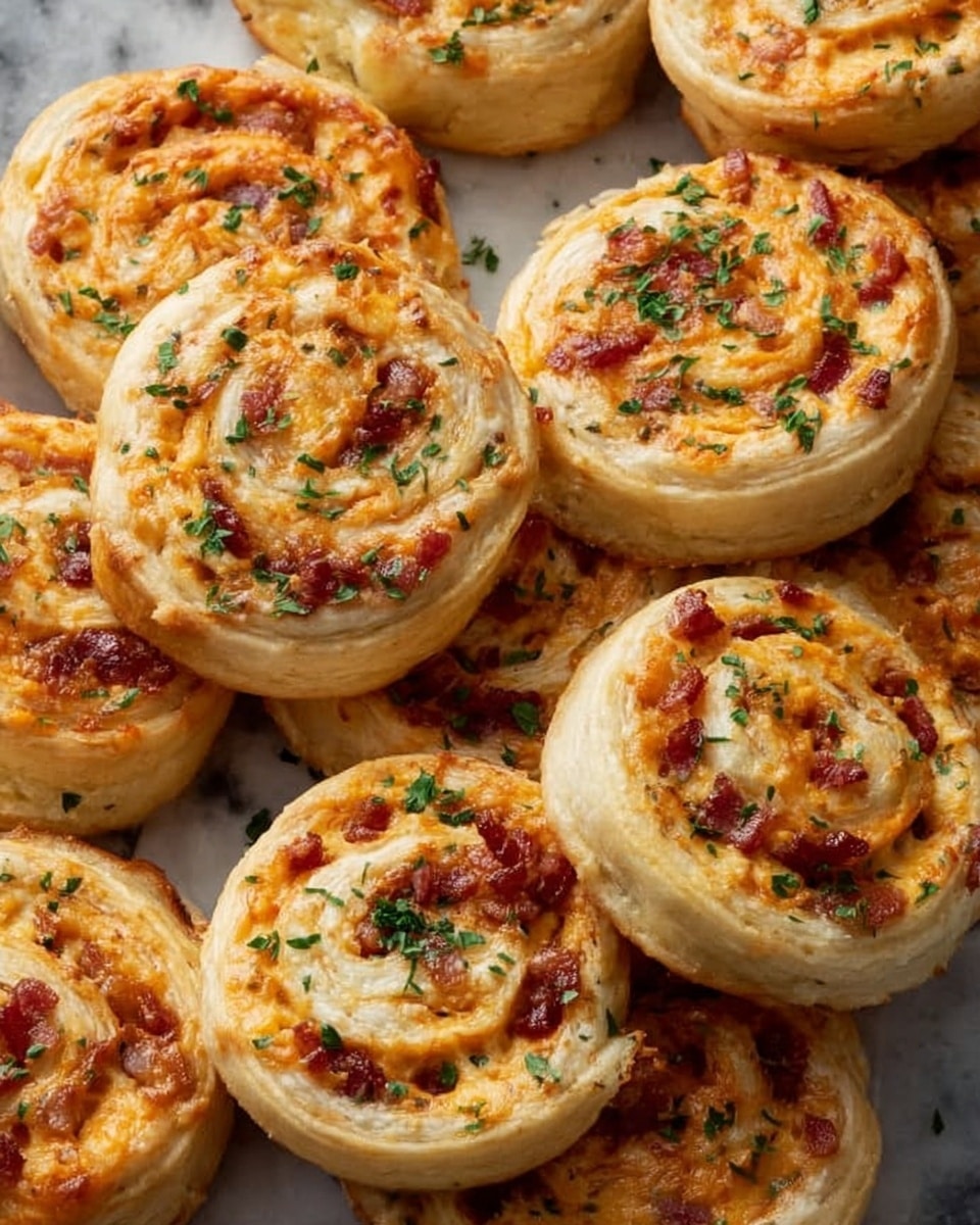 A close-up view of several cheese and bacon pinwheels arranged closely together on a white marbled surface. Each pinwheel has three visible layers: the outermost layer is a light golden-baked dough, smooth and slightly shiny; the middle layer features a creamy orange cheese spread mixed with small red bacon pieces, adding texture and color contrast; finely chopped green herbs are sprinkled on top, adding small green flecks that brighten the look. The pinwheels are round and uniformly sized, with a swirled pattern making the layers distinct. photo taken with an iphone --ar 4:5 --v 7
