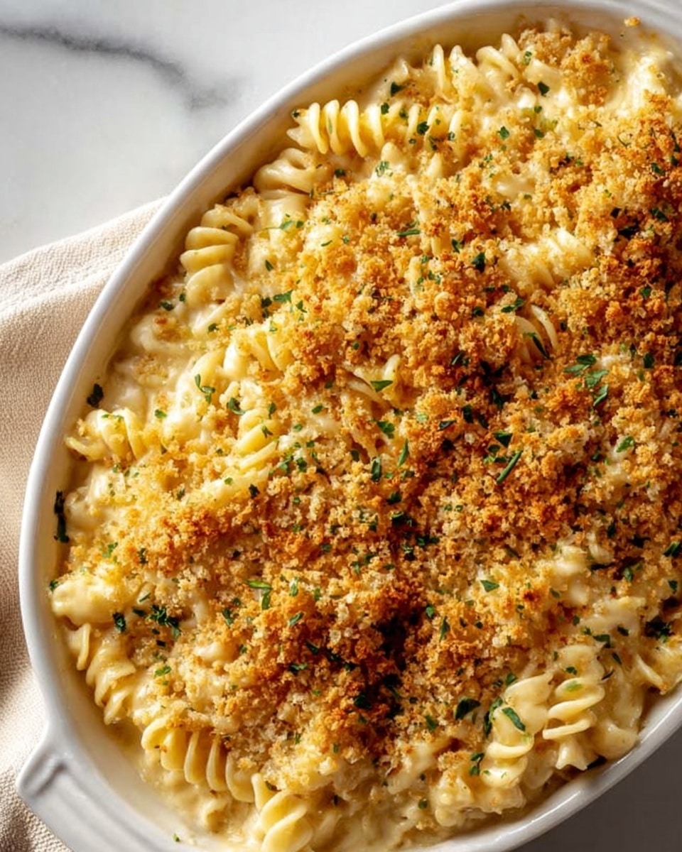 A close-up view of a creamy baked pasta dish in a white oval ceramic baking dish placed on a white marbled surface with a light beige cloth partially visible on the left side. The dish has one main layer of spiral pasta coated in a thick, smooth, pale yellow cheese sauce, topped with a golden brown crumbly layer of toasted breadcrumbs sprinkled with small green herb pieces, creating a textured and slightly crispy surface. The browned topping varies in color from light to dark gold, adding contrast and visual interest. Photo taken with an iphone --ar 4:5 --v 7