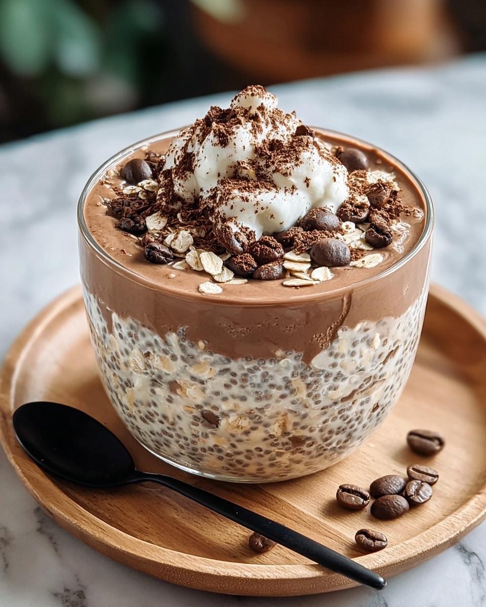 A clear glass bowl filled with two visible layers: the bottom layer is a creamy mix of white and light brown oats with small black chia seeds showing through, while the top layer is smooth brown chocolate-flavored cream. On top, there is a small pile of white cream or yogurt dusted with dark brown cocoa powder, surrounded by more oats and topped with several shiny dark brown coffee beans. The bowl sits on a wooden plate placed on a white marbled surface, with a black spoon and some coffee beans next to it. photo taken with an iphone --ar 4:5 --v 7