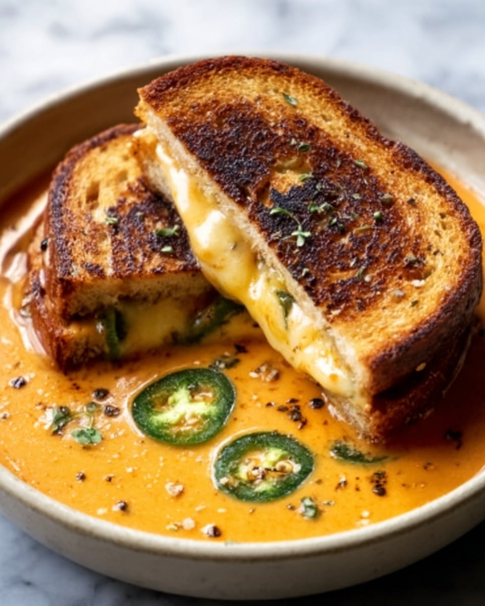 A toasted sandwich with a crispy golden brown crust is cut in half, one half placed slightly on top of the other, showing a melted cheese filling inside. The sandwich sits in a shallow pool of creamy orange soup with small green jalapeño slices floating on the surface. The bowl is white, with a smooth texture, and the background is a white marbled surface. Small bits of herbs and pepper can be seen sprinkled around the soup, adding color and detail. photo taken with an iphone --ar 4:5 --v 7