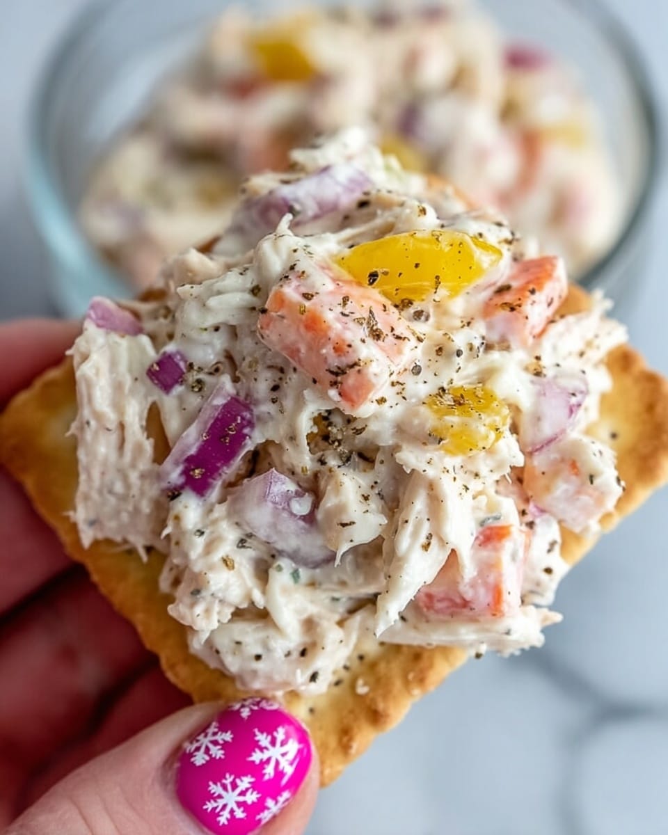 A close-up view shows a cracker topped with a creamy chicken salad, held by a woman's hand with pink nails decorated with white snowflake designs. The chicken salad has a mix of white shredded chicken pieces, small pink chunks of red onion, orange slices of carrot, and small yellow bits, all mixed in a thick white dressing. Black pepper is sprinkled on top, adding a speckled contrast. In the background, a clear bowl filled with more of the chicken salad sits on a white marbled surface. Photo taken with an iphone --ar 4:5 --v 7