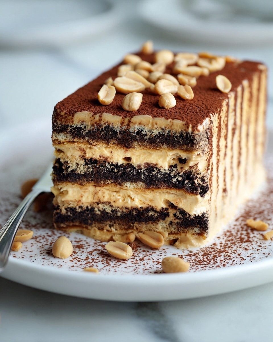 The image shows a rectangular slice of layered dessert on a white plate with a white marbled surface background. The dessert has alternating vertical layers of dark brown, almost black, crumbly cake and thick creamy tan-colored filling, giving it a striped look on the sides. The top layer is covered with a dusting of cocoa powder and scattered light brown peanuts. There are extra peanuts and cocoa powder around the base of the slice on the plate. A silver knife is placed next to the dessert on the plate. Photo taken with an iphone --ar 4:5 --v 7