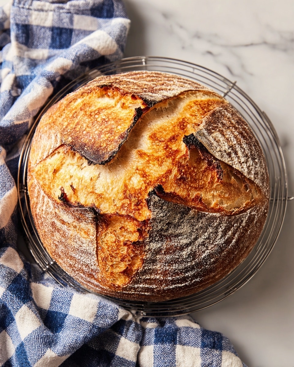 A round loaf of sourdough bread with a golden-brown crust sits on a round cooling rack. The crust has a mix of darker burnt edges and lighter flour-dusted patches, showing a crackled texture with a deep X-shaped cut on top, revealing the soft, airy crumb inside. The cooling rack is placed on a blue and white checkered cloth that is partially folded, all set on a white marbled surface. Photo taken with an iphone --ar 4:5 --v 7