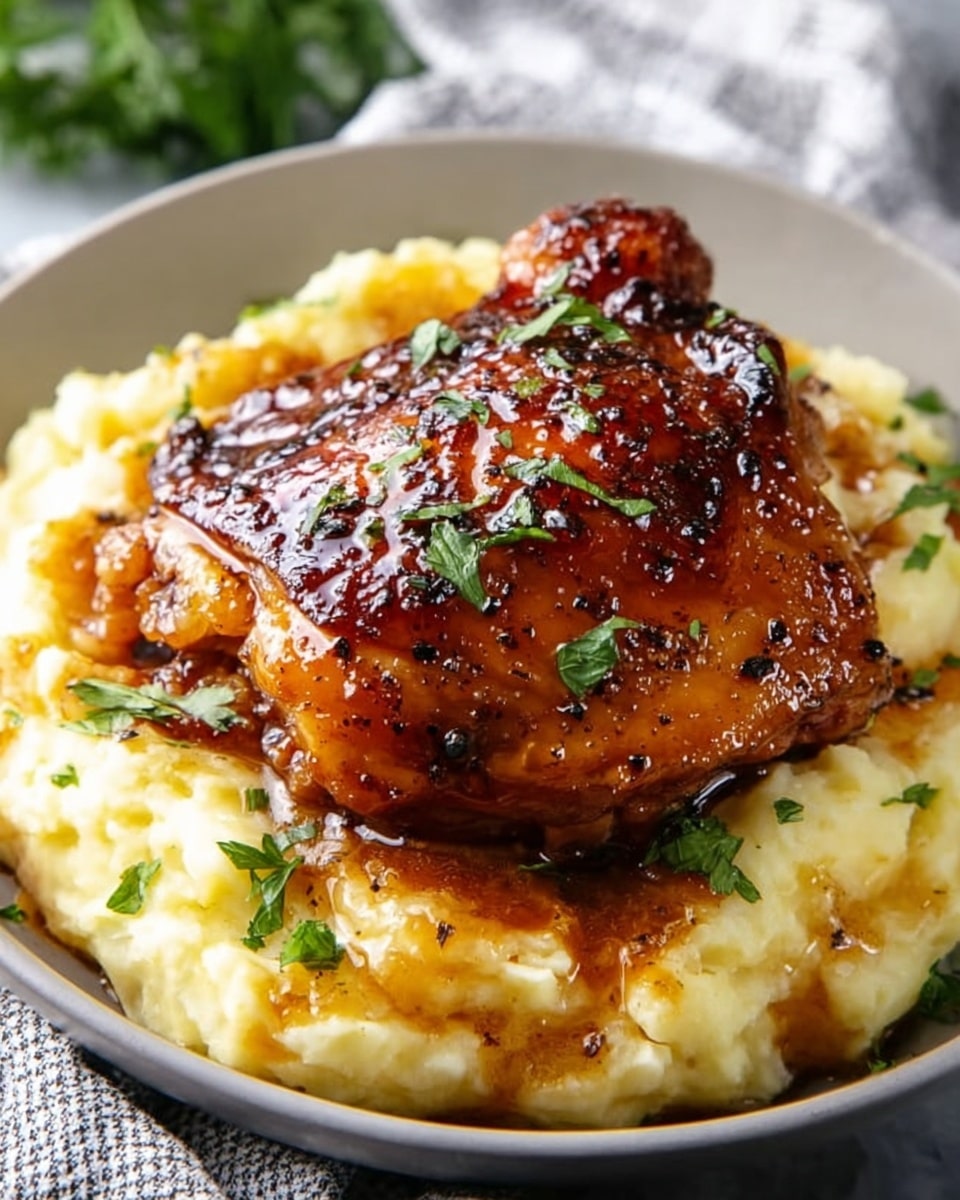 A white plate holds a serving of mashed potatoes at the bottom, creamy and slightly chunky with a pale yellow color and bits of onion mixed in. On top of the potatoes is a piece of grilled chicken thigh with a shiny, deep golden-brown glaze, showing grill marks and a slightly crispy texture. The dish is sprinkled with fresh green parsley leaves for color, giving a fresh touch. The plate sits on a white marbled surface with a soft, natural light highlighting the rich colors and textures. Photo taken with an iphone --ar 4:5 --v 7