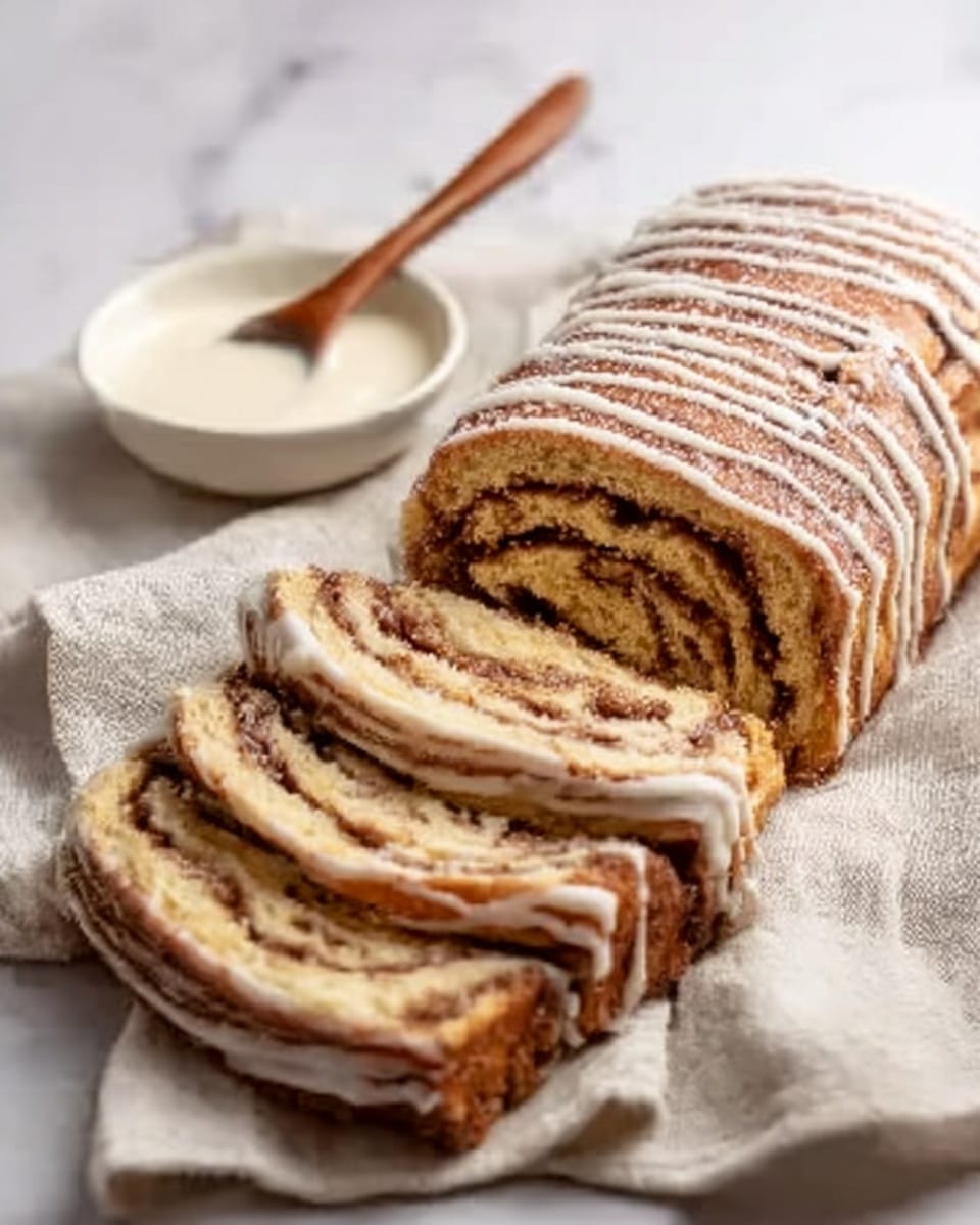 A sliced rolled pastry loaf is shown on a light-colored cloth, revealing multiple thin layers of golden-brown dough with darker brown swirls inside, indicating a cinnamon or chocolate filling. The top layer is lightly crusted and dusted with a thin drizzle of white icing, running in uneven lines across the loaf. To the side, there's a small white bowl filled with a creamy white sauce, next to a wooden spoon resting partly on the cloth. The background surface is a white marbled texture. Photo taken with an iphone --ar 4:5 --v 7