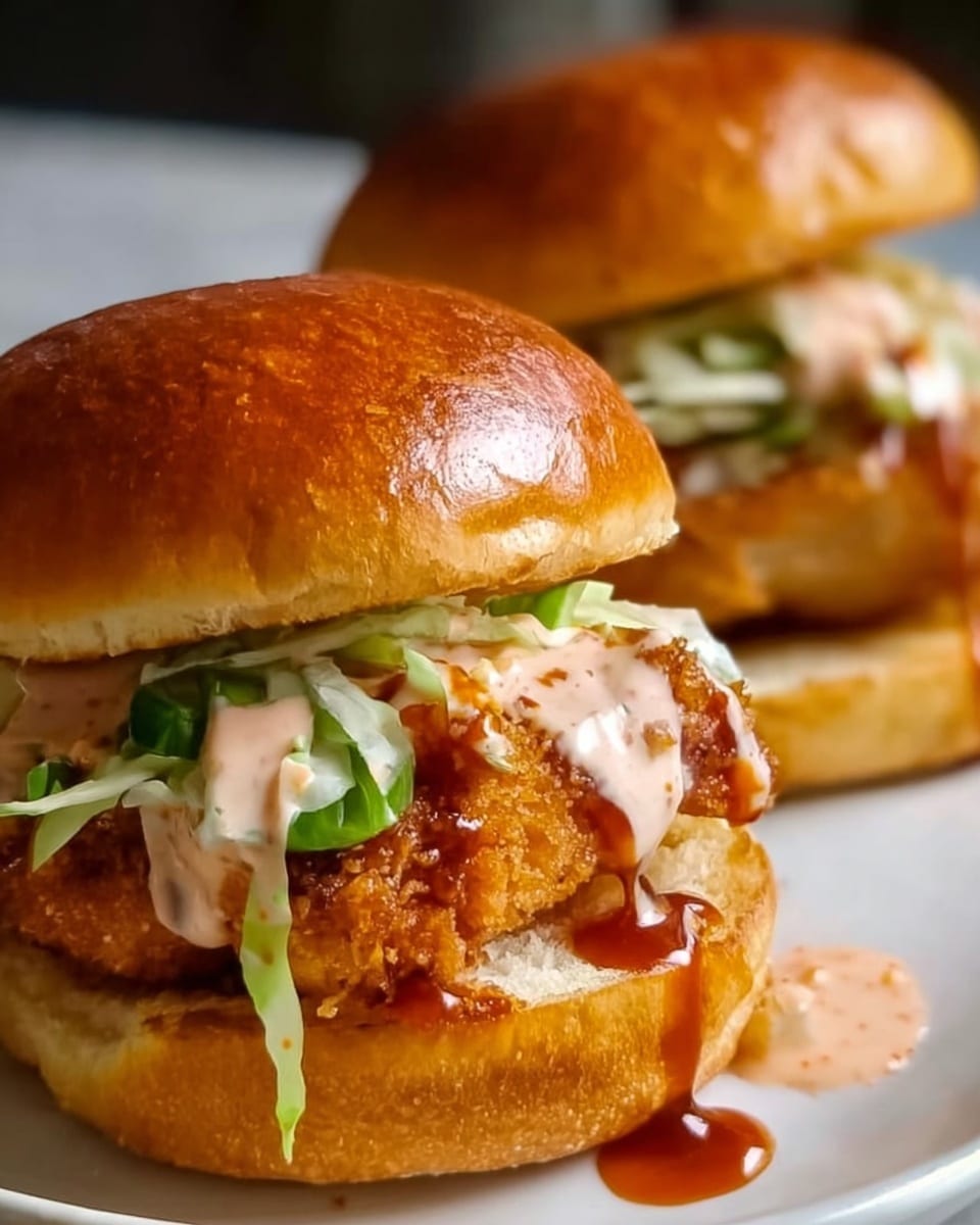 The image shows two fried chicken sandwiches placed close together on a white plate with a white marbled surface. Each sandwich has a shiny, golden-brown top bun that is soft and slightly glossy. Under the bun, there is a layer of light green shredded lettuce, adding a fresh texture. Below the lettuce, a crispy, golden-brown fried chicken fillet is visible, with a crunchy texture. On top of the chicken, there is a creamy, light pink sauce that drips down the sides, along with some reddish-brown barbecue sauce adding a glossy and sticky look. The bottom bun is soft and pale, providing a soft base. Some sauce has dripped onto the white plate, enhancing the visual appeal. Photo taken with an iphone --ar 4:5 --v 7