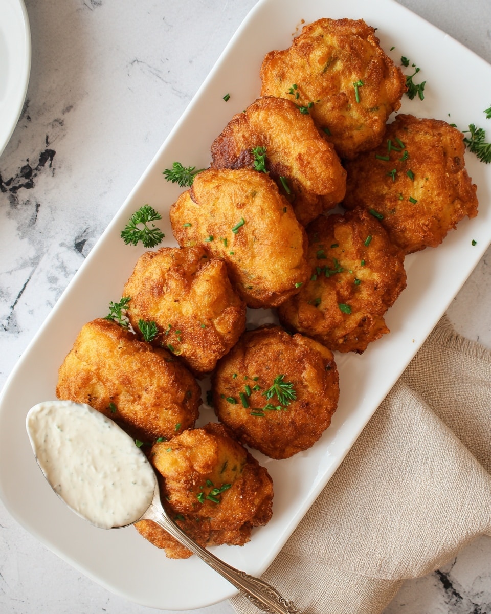 A white rectangular plate holds ten round, golden-brown fried cakes arranged in two rows, each cake showing a crispy textured surface with slight browning and small flecks of green herbs sprinkled on top. At the bottom right corner of the plate lies a spoon filled with a smooth, white sauce. The plate is placed on a white marbled surface, with part of a beige cloth napkin visible to the right. Photo taken with an iphone --ar 4:5 --v 7