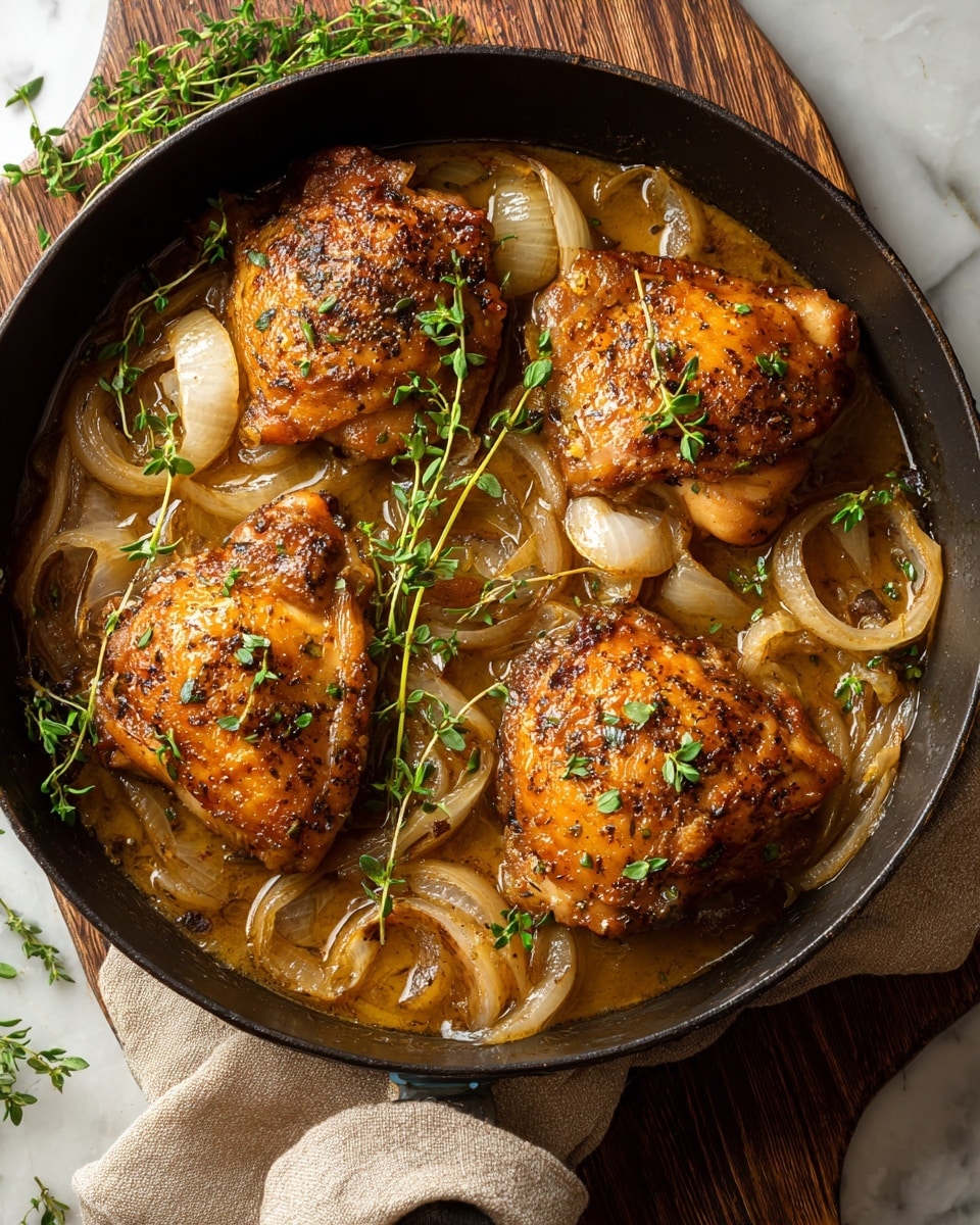 A black pan holds four pieces of golden-brown cooked chicken thighs, each topped with small green herb leaves. The chicken pieces are surrounded by translucent, soft onion slices in a glossy brown sauce. Sprigs of fresh green thyme are placed both on top of the chicken and around it. The pan sits on a wooden board with a beige cloth underneath, all set against a white marbled textured background. photo taken with an iphone --ar 4:5 --v 7
