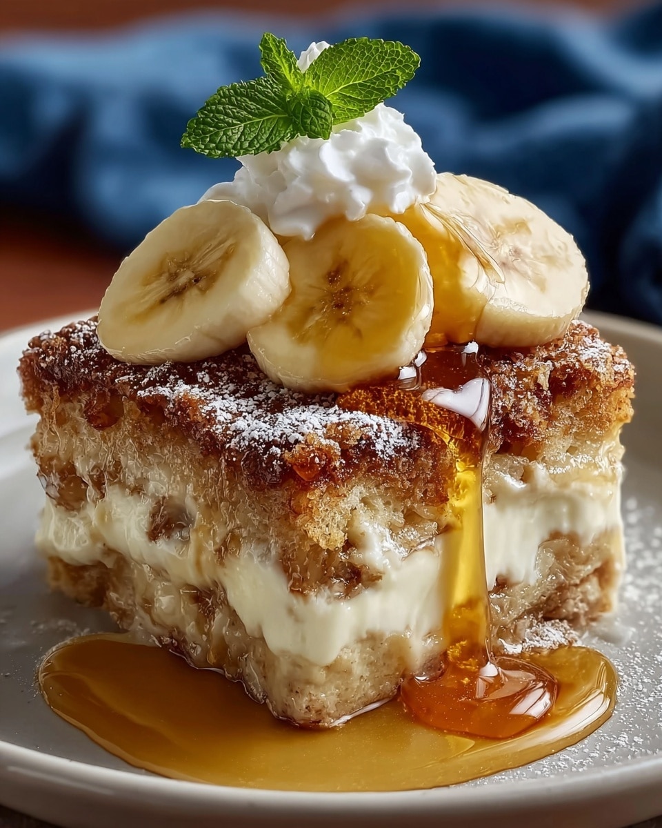 The image shows a close-up of a thick square slice of bread pudding with a golden-brown, crumbly top layer dusted lightly with powdered sugar. Below the top, the middle layer is a creamy white custard filling that contrasts with the textured, sponge-like golden bread base. On top, there are three round banana slices, light yellow in color with soft brown centers. A shiny amber syrup is being poured over the banana slices, flowing down the sides of the pudding and pooling on a white plate beneath it. In the background, a dollop of white whipped cream holds two fresh bright green mint leaves upright. The plate rests on a white marbled texture. photo taken with an iphone --ar 4:5 --v 7