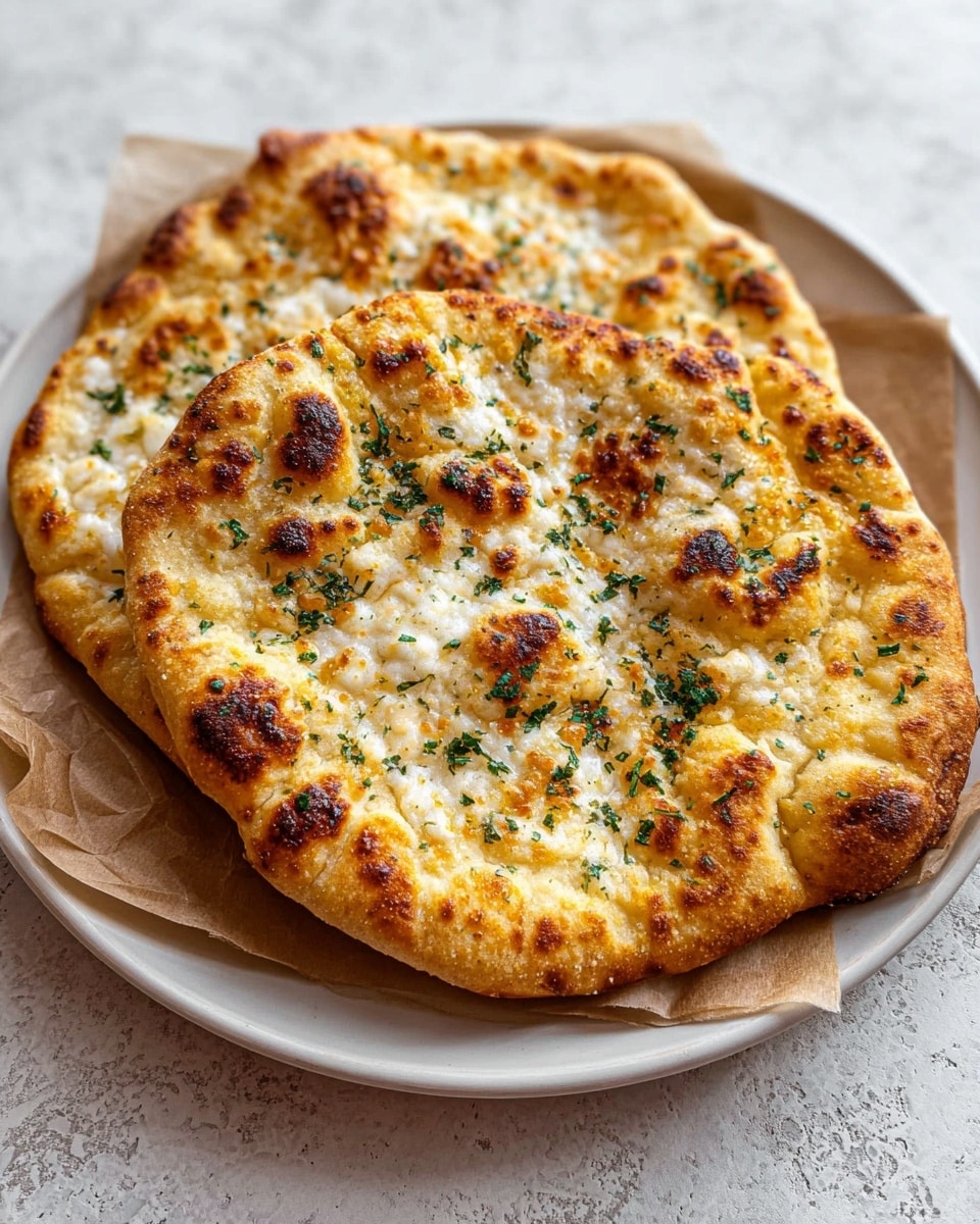 Two round flatbreads are stacked slightly off-center on a white plate lined with brown parchment paper. The top flatbread has a golden, crispy surface with darker browned spots scattered across it, topped with melted white cheese and sprinkled green herbs. The edges are puffy and lightly browned, giving a soft and crusty look. The plate is on a white marbled textured surface. photo taken with an iphone --ar 4:5 --v 7