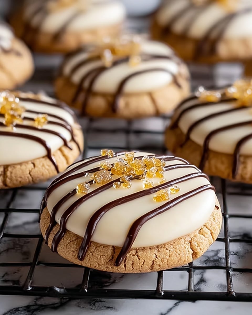 The image shows several round cookies on a black cooling rack placed over a white marbled surface. Each cookie has a rough, golden brown base with a slightly cracked texture. On top of the base is a smooth, creamy white layer that covers most of the cookie's surface. Thin dark brown chocolate lines are drizzled diagonally across the white layer in three stripes. Small clusters of golden sugar crystals are sprinkled in the center of each cookie, adding sparkle and texture. The focus is sharp on the closest cookie, while the others blur slightly in the background. photo taken with an iphone --ar 4:5 --v 7